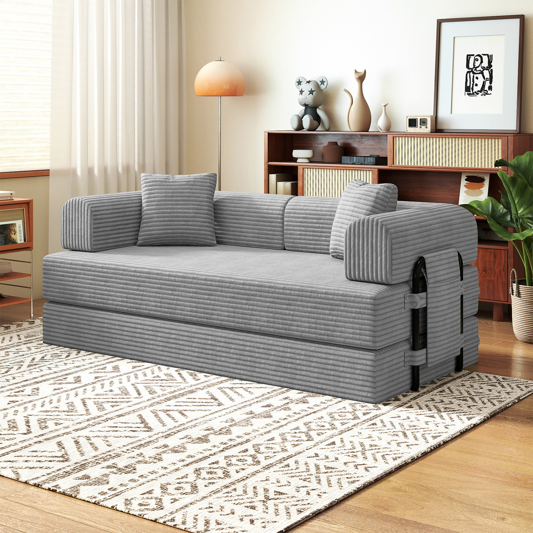 thumbnail video image 2 of Hawsaiy 78" Convertible Corduroy Modular Floor Sofa Bed with Cylindrical Pillows, No Assembly Sleeper Couch with High-Density Foam, Fixed Shape Frame for Living Room, Bedroom, Lounge, Gray, 2 of 10