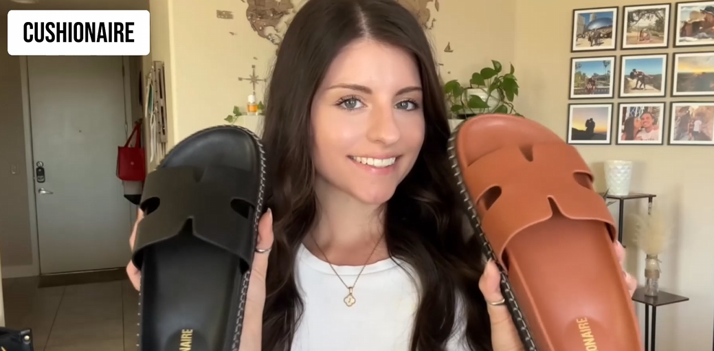 thumbnail video image 2 of Cushionaire Crisp Women’s Slide Sandal – Faux Leather Cutout Slip-On with Artisan Stitching & Memory Foam, Wide Widths Available, 2 of 17