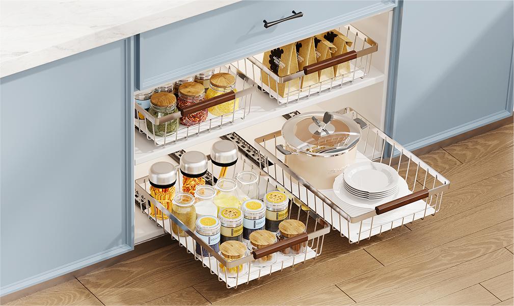 thumbnail video image 2 of YASLIM  Cabinet Organizer,  Lower Cabinet, for Kitchen, Condiment Organizers, 2-Pack, Silver, 2 of 7
