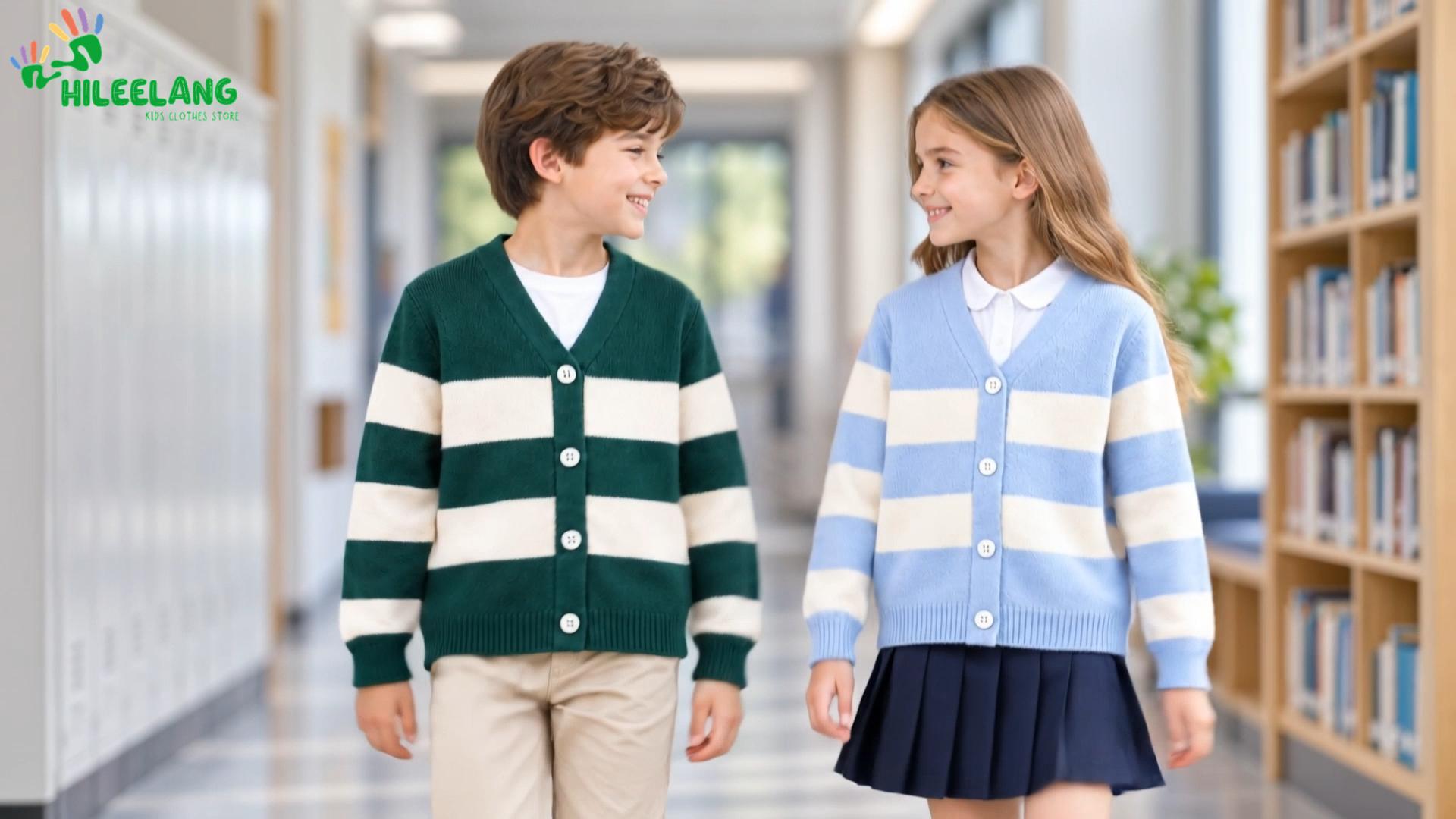 thumbnail video image 2 of HILEELANG Girls Striped Cardigan Sweater, V-Neck Button Front Knit Cardigan for School and Everyday Wear, Navy/Cream, Sizes 8Y, 2 of 17