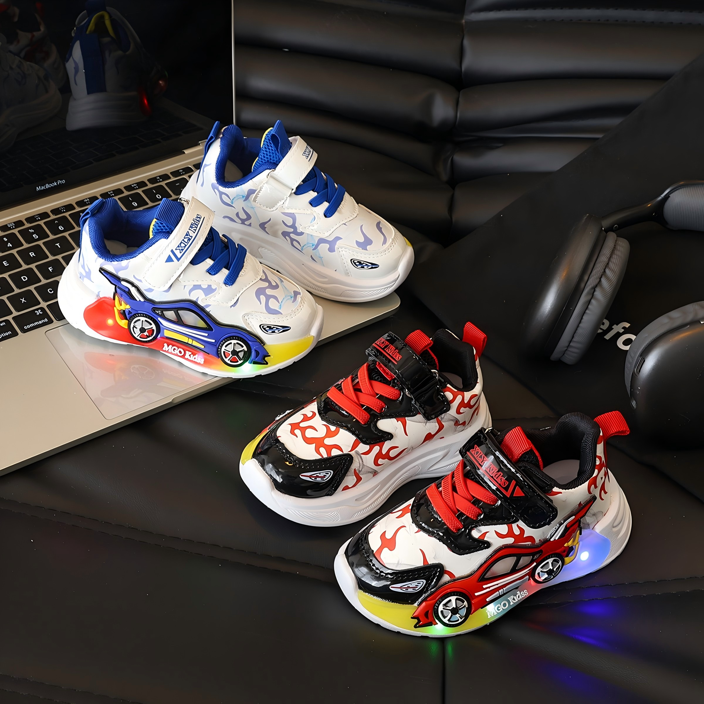 thumbnail video image 2 of Boys Cartoon Race Car LED Light Up Sneakers, Soft Non-Slip Sole Casual Shoes for Daily School & Outdoor Kids Wear, 2 of 10