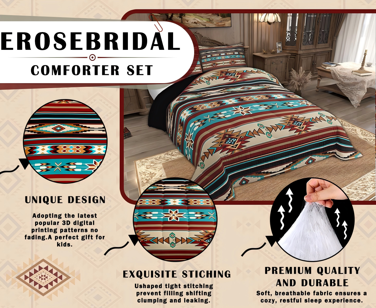 thumbnail video image 2 of Western Decor Comforter Aztec Comforter Set Cowboy Cowgirl Southwestern Bedding Set Rustic Farmhouse Country Bedroom Decor Bohemian Tribe Arrow Retro Quilt Set King Size 3Pcs, 2 of 8