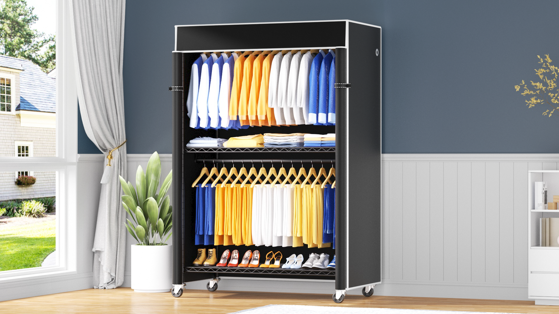 thumbnail video image 2 of P8C Heavy Duty Clothes Rack（With Extended Width Design） Rolling Clothing Racks for Hanging Clothes with Lockable Wheels，51.2"W x 15.8"D x 80.5"H，Max Load 700LBS，Black Rack with Black Cover, 2 of 7