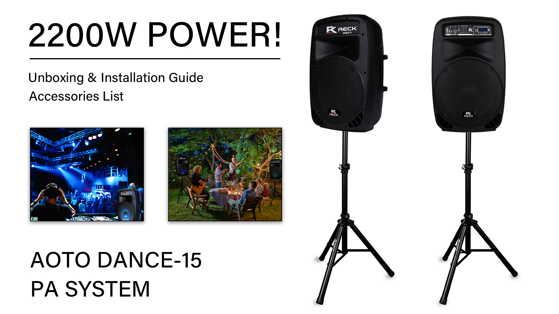 thumbnail video image 2 of 2200W High-Strength PRORECK DANCE 15 15" Full Range Powered PA Speaker Set with Bass Enhancement, 110V/230V Conversion, USB/SD Reader, FM Radio, Remote, and Stand, 2 of 8