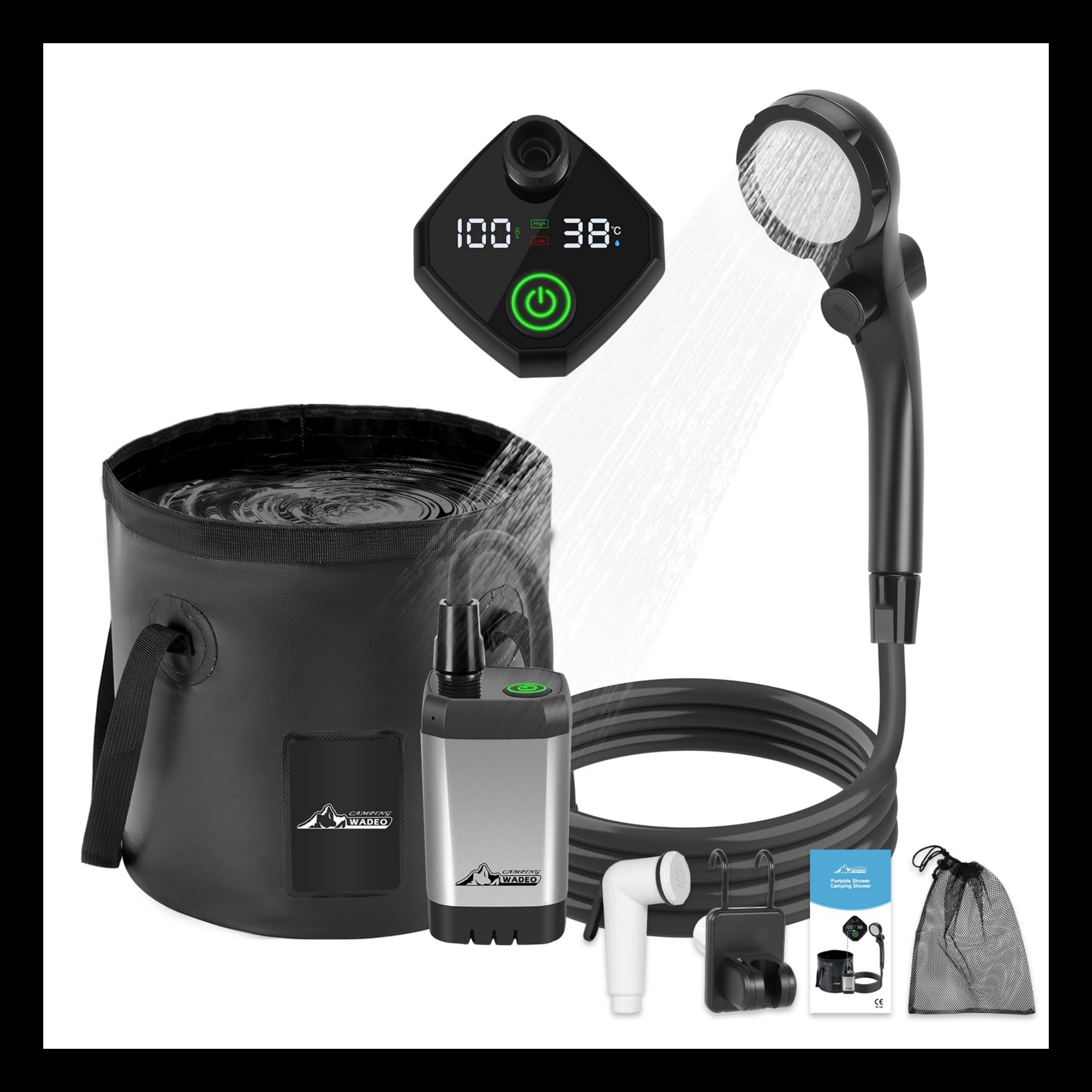 thumbnail video image 2 of WADEO Portable Shower for Camping, Outdoor Electric Shower Rechargeable Pump with Intelligent Digital Display, 20L Collapsible Bucket, Two Shower Heads for Camping, Hiking, Traveling, Washing, 2 of 10