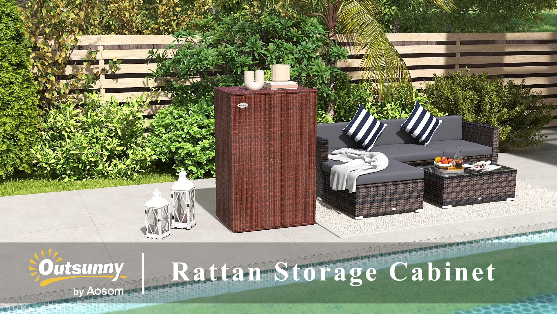 thumbnail video image 2 of Outsunny Wicker Outdoor Storage Cabinet with Shelves, 2-Door Rattan Pool Towel Storage Cabinet with Removable Shelf & Drawer, Mixed Brown, 2 of 10
