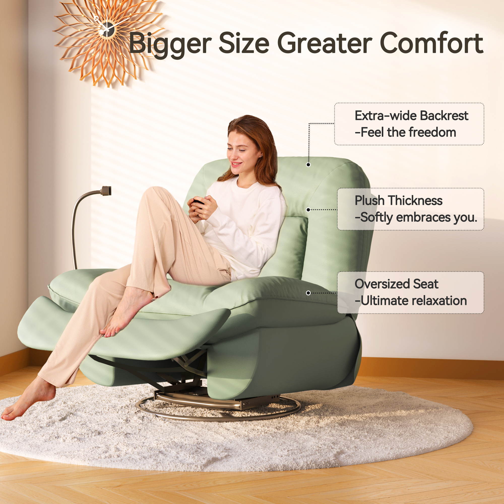 thumbnail video image 2 of Sailvan Oversized Recliner Chair for Adults, Swivel Power Recliner Rocking Glider, Accent Chair Living Room Lounge Sofa Chair with USB Charging, Phone Stand & Storage, Brown Fabric, 2 of 10