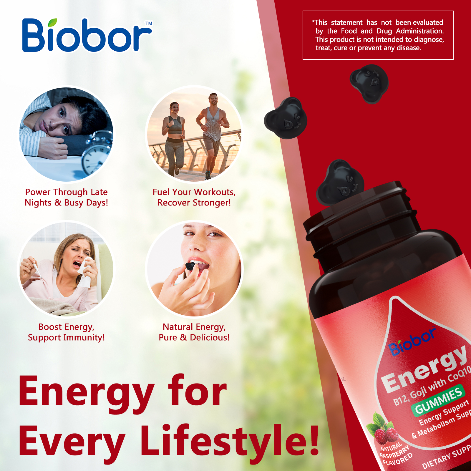 thumbnail video image 2 of Biobor Energy Gummies with B12, Goji, CoQ10 – Raspberry Flavor, Gluten Free (60 Count), 2 of 6