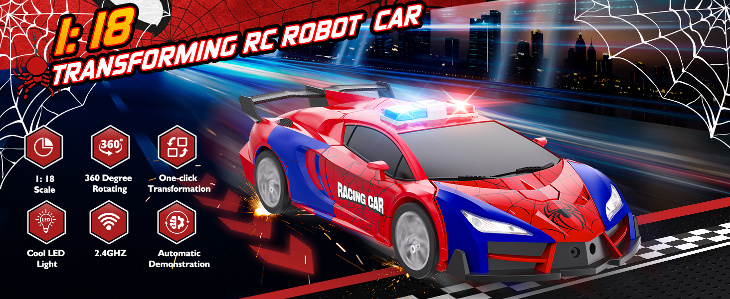 thumbnail video image 2 of Remote Control Car Transforms into Robot with One Button – 2.4GHz 360° Rotating Police Car with Lights, 1:18 Scale Toy for Kids 4-7 6-8 8-12, 2 of 9