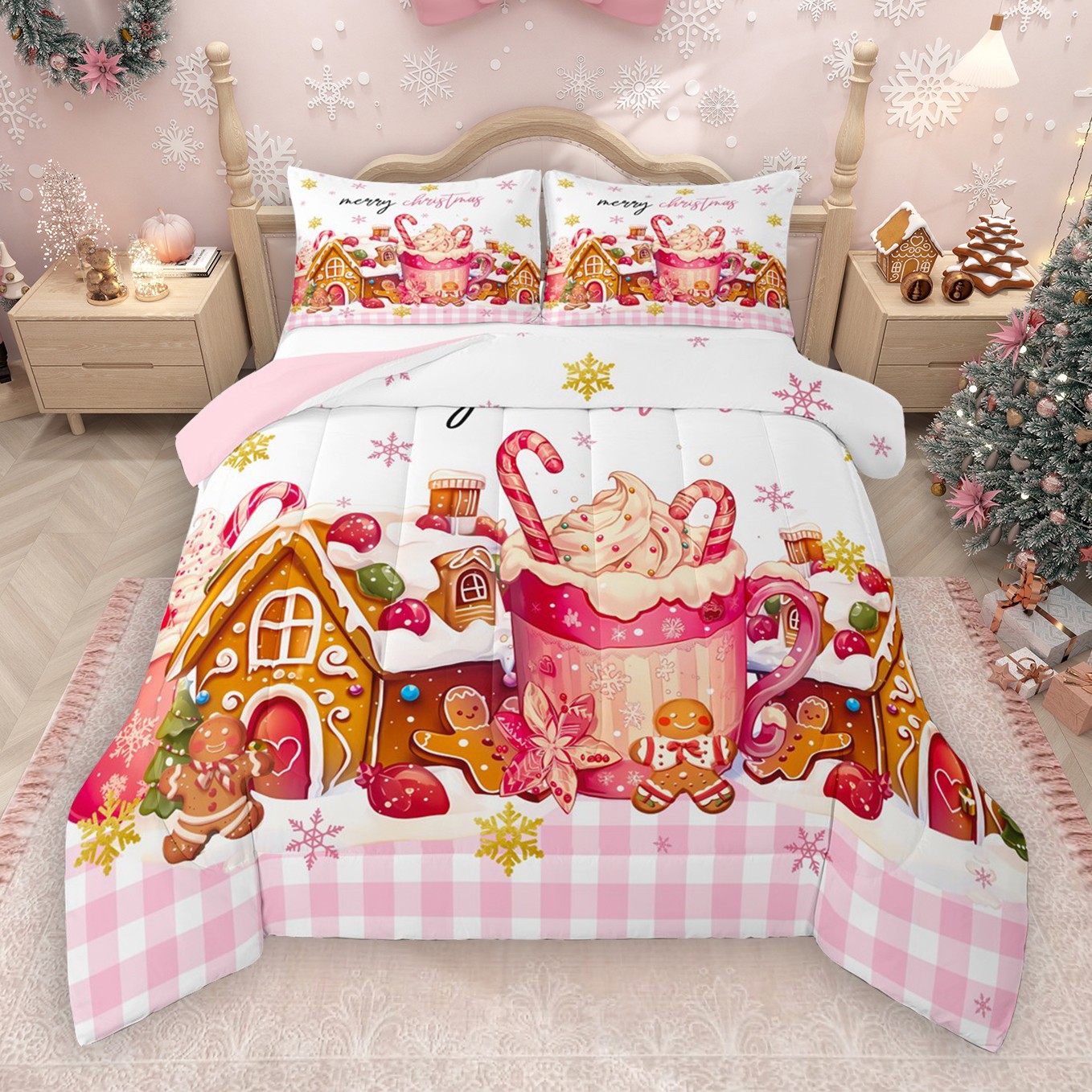 thumbnail video image 2 of Castle Fairy Gingerbread Man Candy Cane 2Pcs Bedding Comforter Set for Teens Women Men,Happy Christmas Snowflake Twin Comforter Sets,Pink Geometric Plaid Breathable Bedding Set, 2 of 9