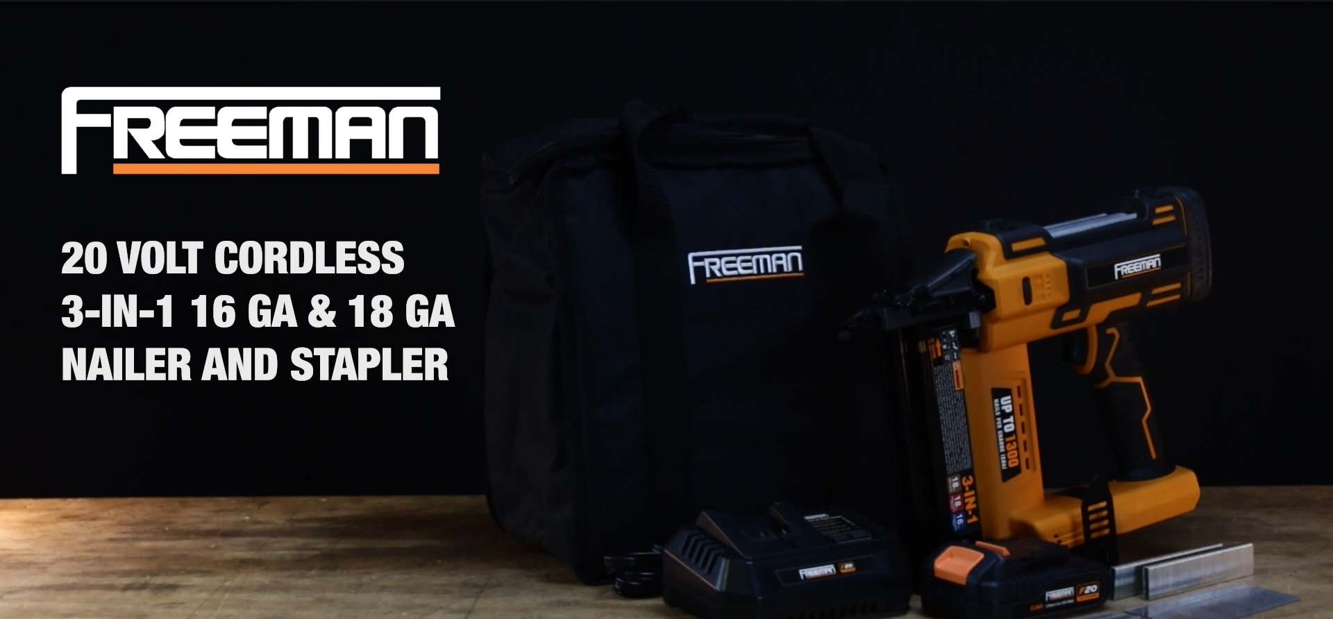 thumbnail video image 2 of Freeman PE20VT31618 20 Volt Cordless 3-in-1 16 and 18 Gauge Nailer / Stapler (Tool Only) – 1300 Shots per Charge, 2 of 7