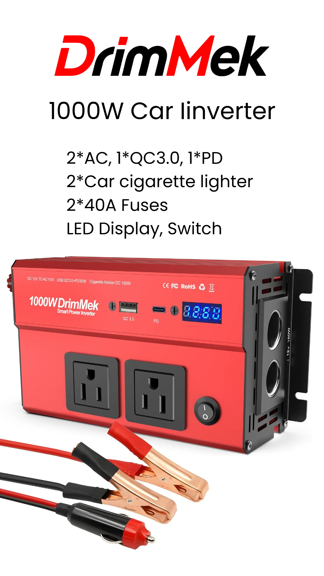 thumbnail video image 2 of 1000W Power Inverters for Vehicles - 12v DC to 110v Car Inverter with Dual AC Outlets, 3.0A USB-C  Car Cigarette Lighter Battery, 2 of 8