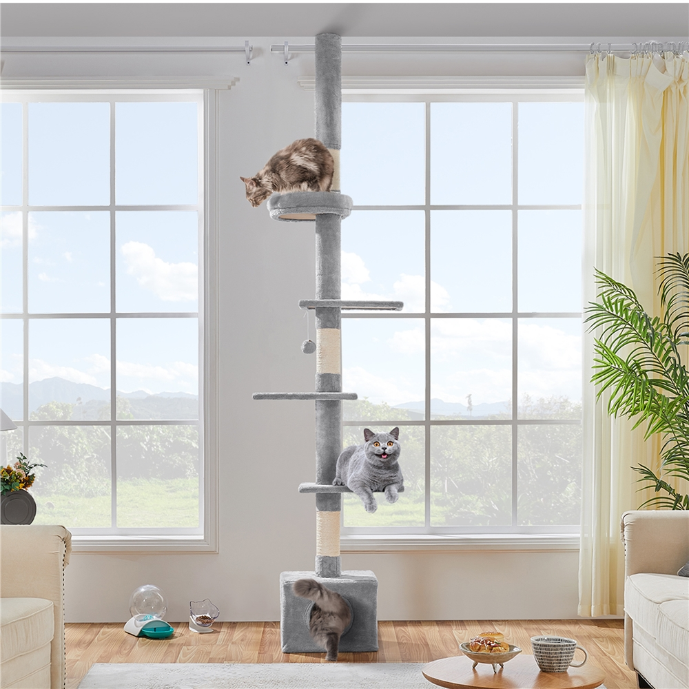 thumbnail video image 2 of Yaheetech 7.4-8.7FT Multilevel Floor To Ceiling Cat Tree with 4 Perches, Light Gray, 2 of 8