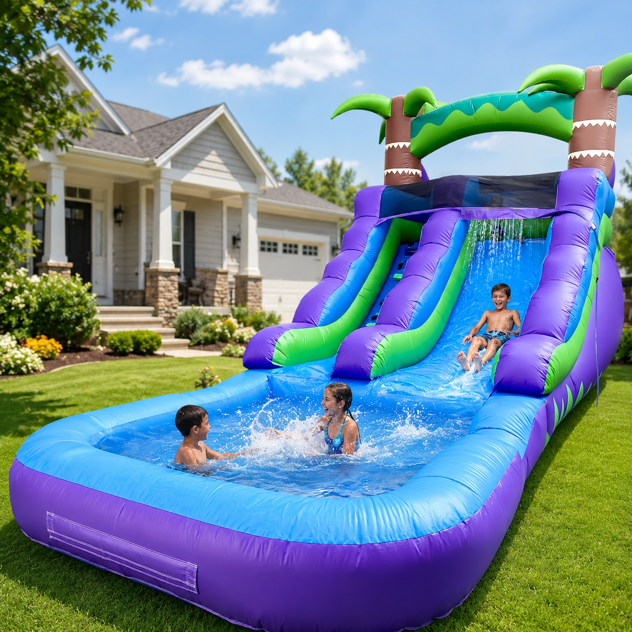 thumbnail video image 2 of 21ft Commercial-Grade PVC Inflatable Water Slide with Splash Pool & Blower, Wet/Dry Backyard Water Slide for Kids Summer Parties, Blue & Purple, 2 of 8