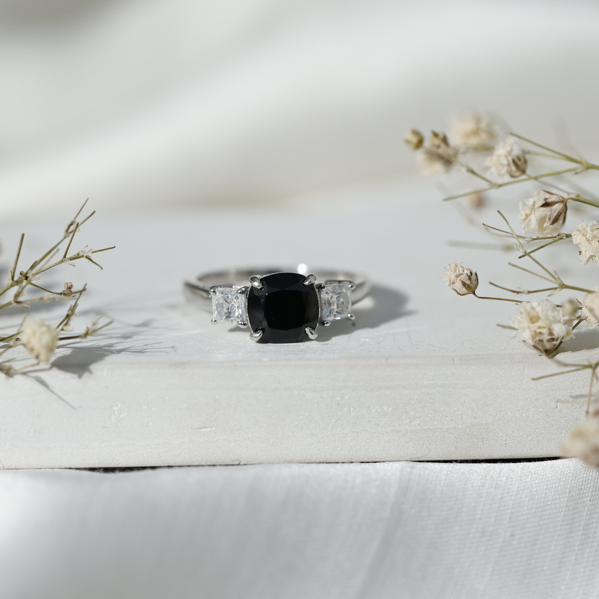 thumbnail video image 2 of Rosec Jewels Cushion Cut Black Spinel Statement Ring with Moissanite - 10 mm - AAA Quality, 925 Sterling Silver, US 4.00, 2 of 9