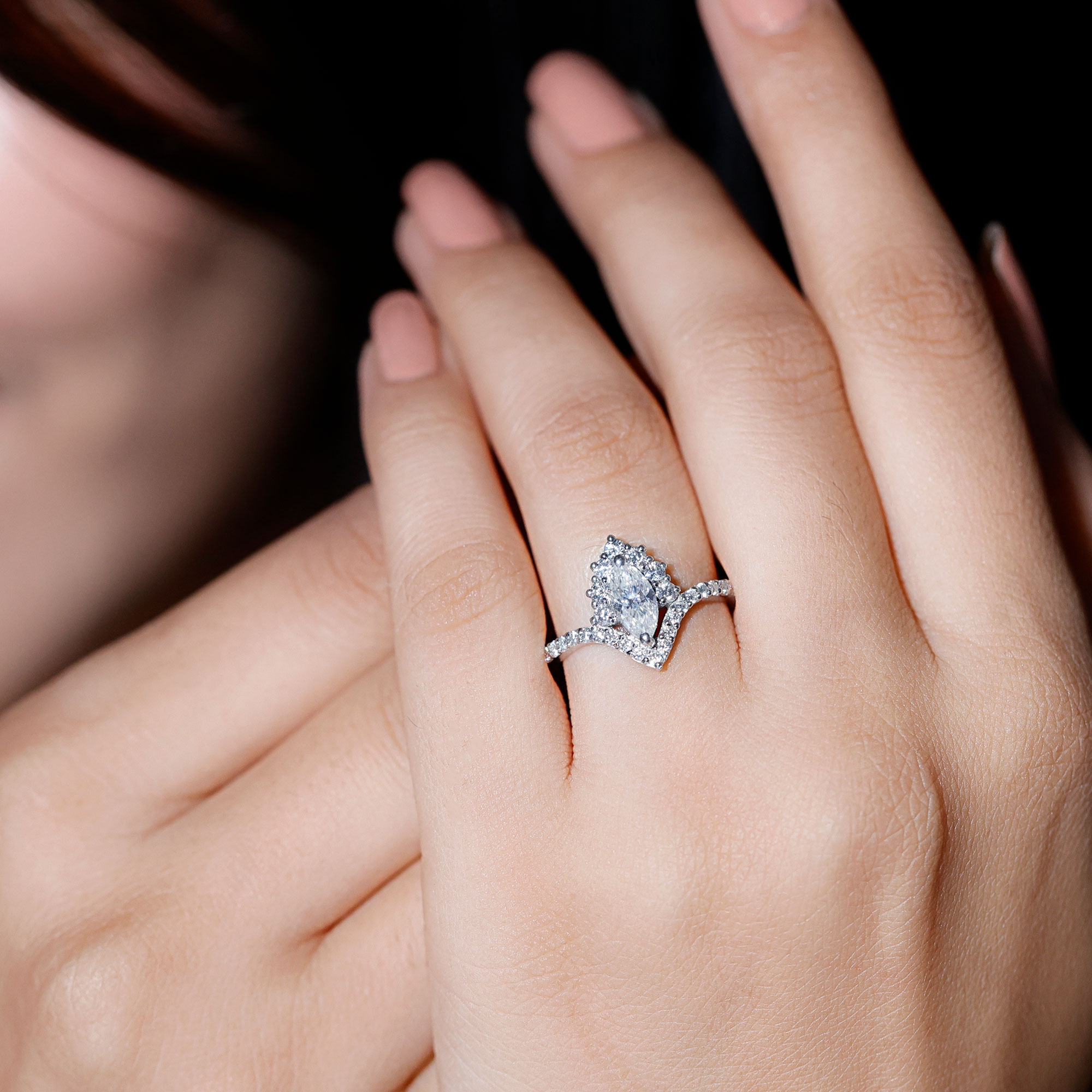 thumbnail video image 2 of Rosec Jewels Designer Moissanite Engagement Ring (D-VS1 Quality Certified) - 925 Silver V Shape Ring - Ready to Gift for Women, US 5.00, 2 of 9