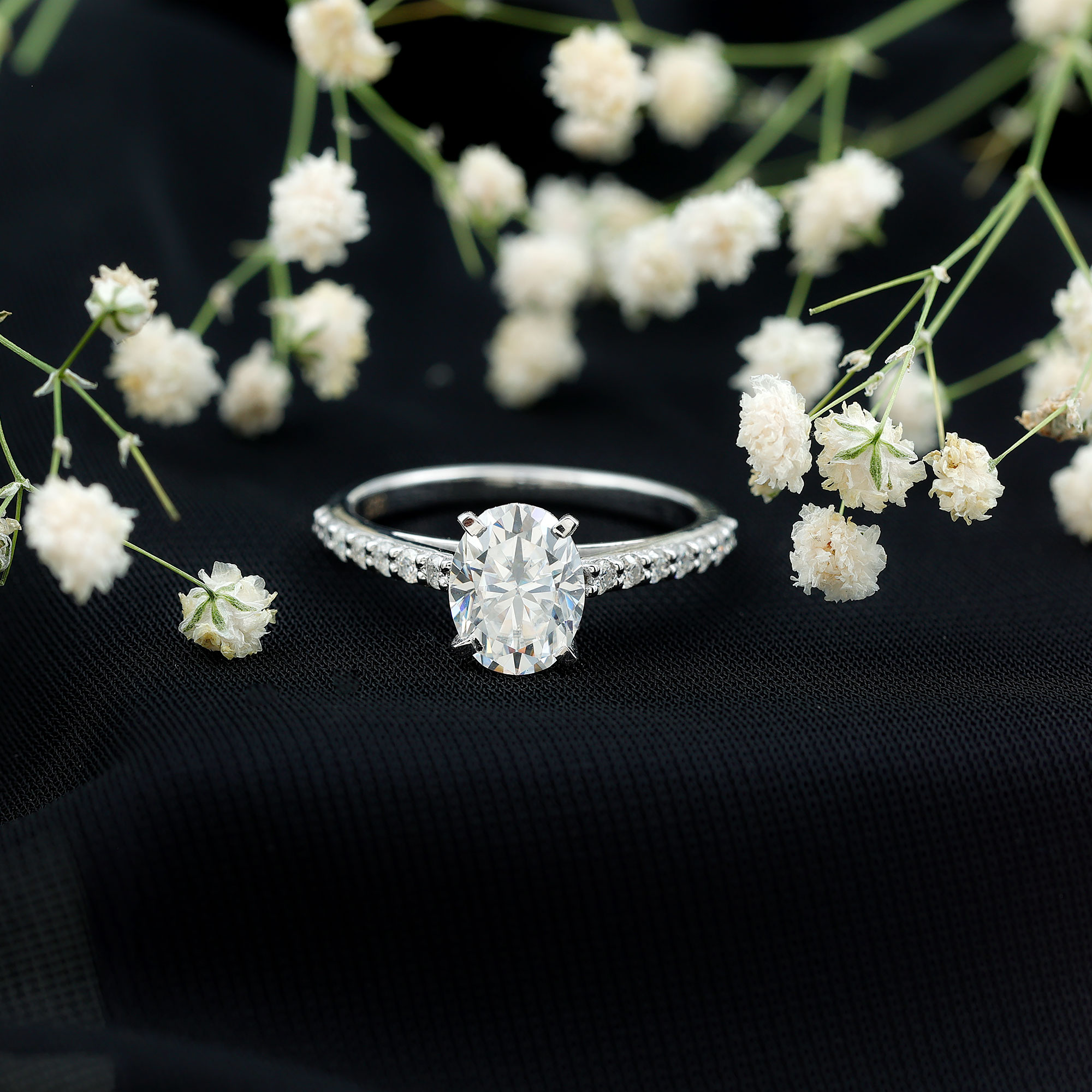 thumbnail video image 2 of Rosec Jewels Moissanite Solitaire Engagement Ring (7X9 mm Oval Shape, 2 carat, D-VS1 Grade), 18K White Gold, US 7.50, 2 of 8