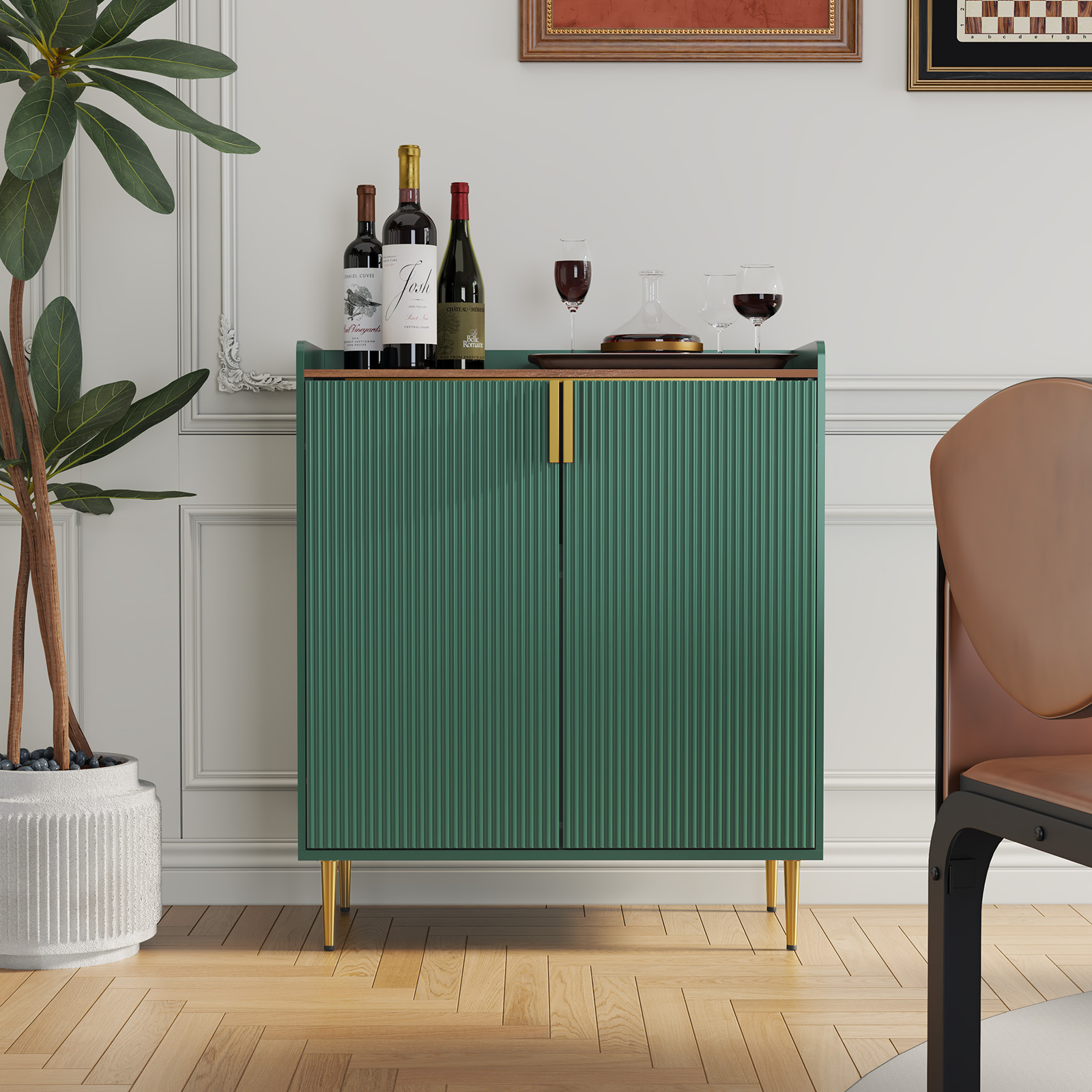 thumbnail video image 2 of HLR 32"W Wine Bar Cabinet with 2 Door Fluted Texture, Modern Coffee Cabinet with Rack&Glass Holder, White., 2 of 8