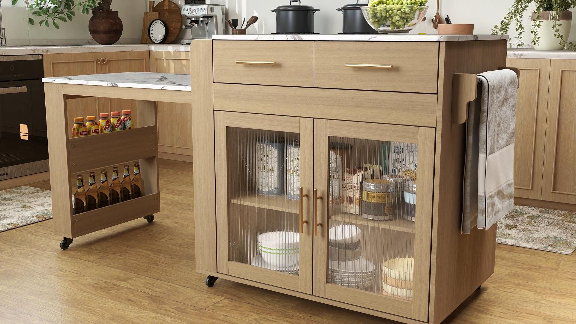 thumbnail video image 2 of HLR Extendable Kitchen Island with Power Outlet, Dining Table Cart on Wheels with Storage, White, 2 of 12