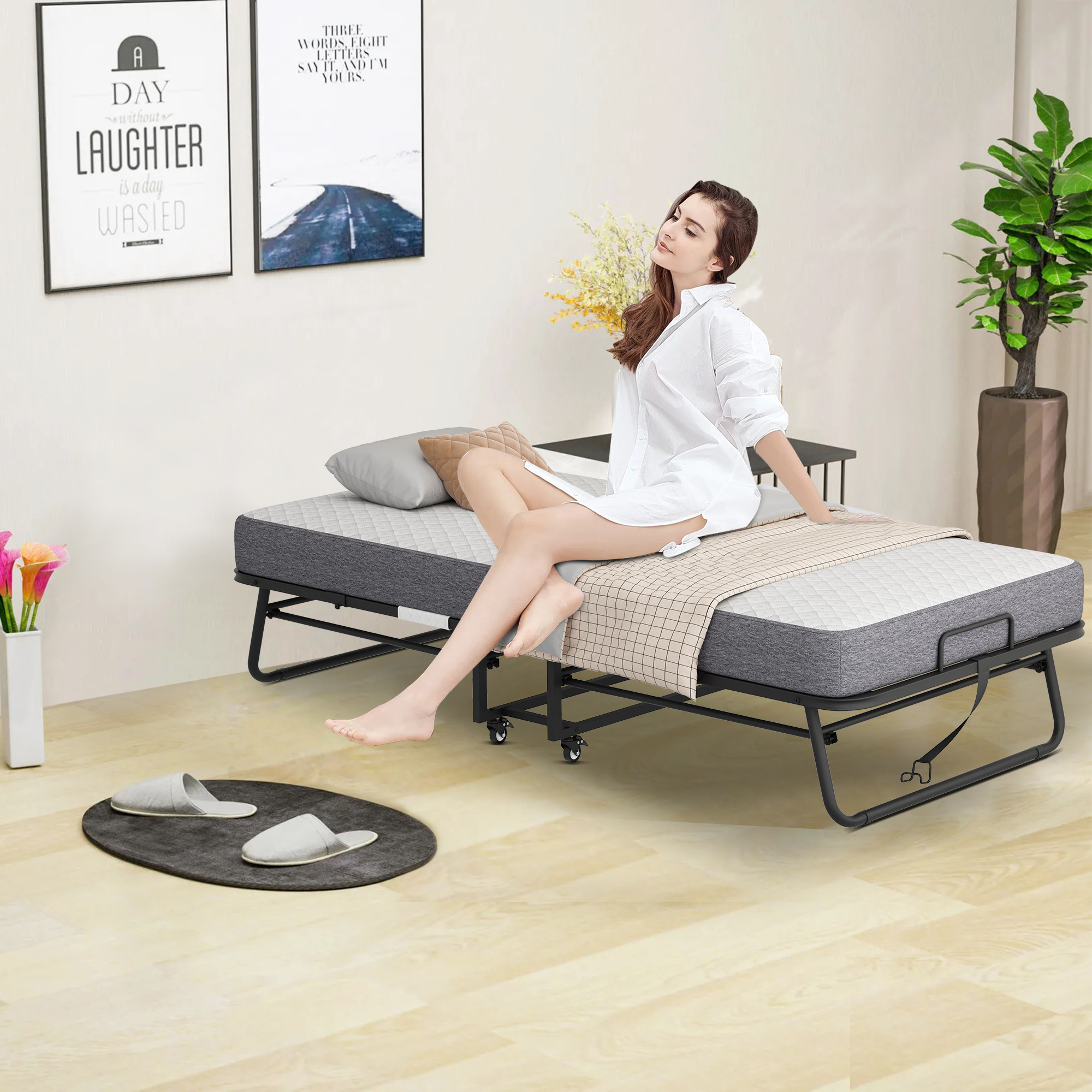 thumbnail video image 2 of Folding Bed with  Mattress, Cot 75" x 31" Rollaway Bed for Guests, Portable Bed with Sturdy Frame, Save Space, 2 of 7