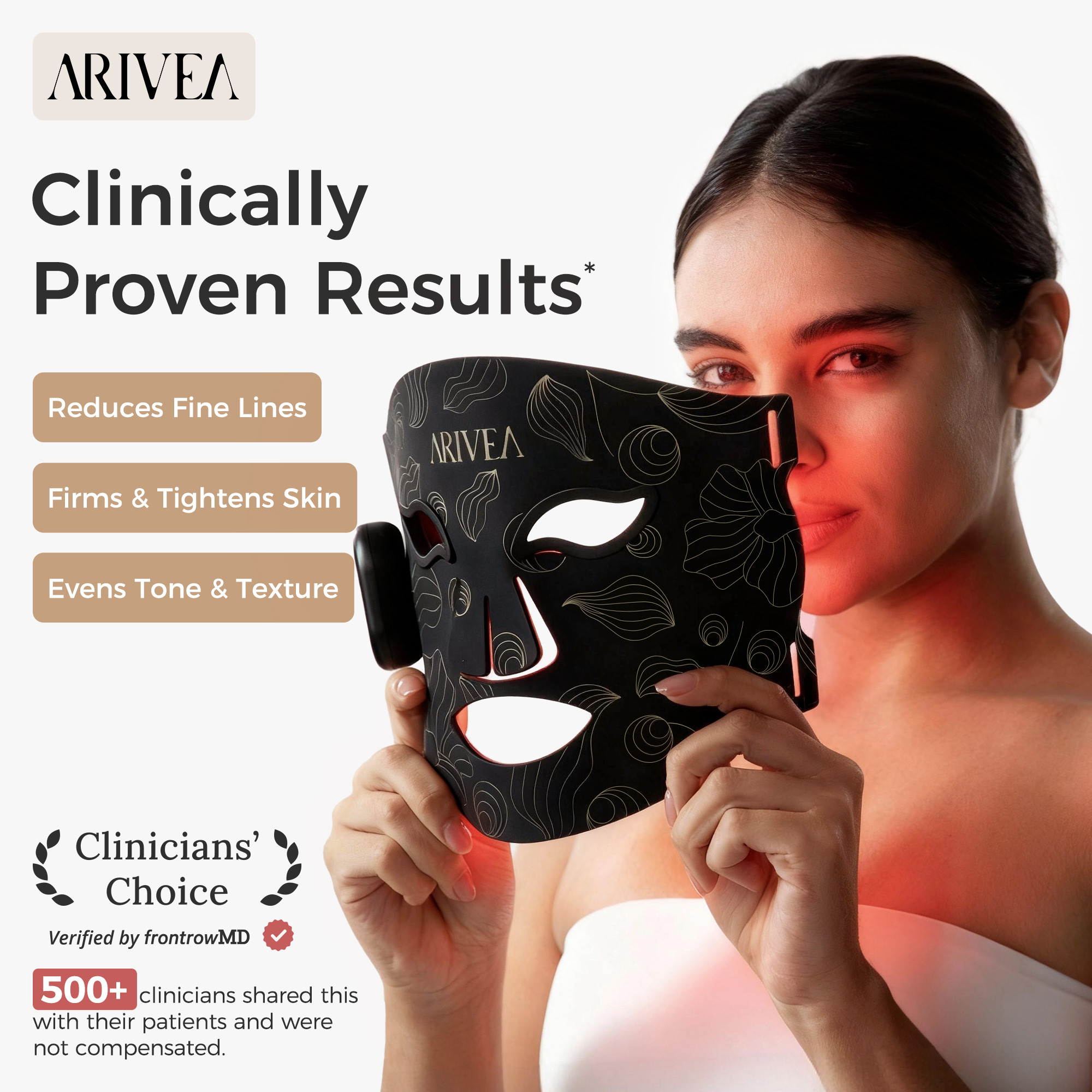 ARIVEA LED Red Light Therapy Face Mask, Wireless Rechargeable Red
