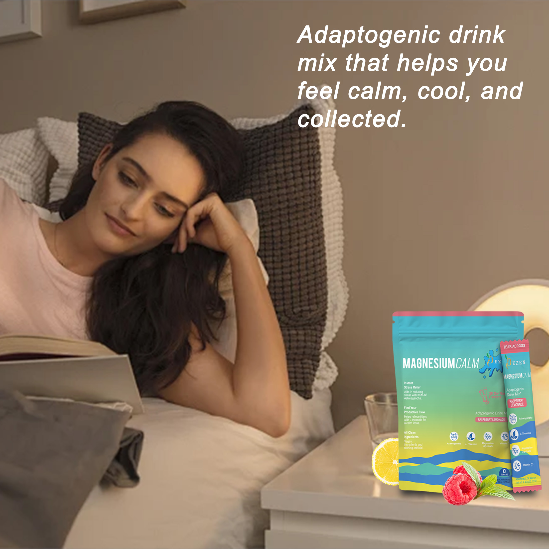thumbnail video image 2 of DEZEN Calm Magnesium Powdered Drink Mix with L Theanine, Ashwagandha, Magnesium Glycinate, Vitamin D, 20 Packets Each, 2 of 10