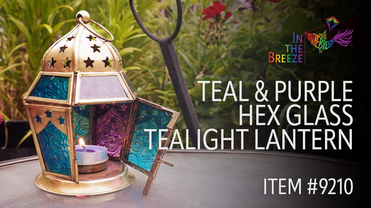 thumbnail video image 2 of In the Breeze 9210 —Teal & Purple Hex Tealight Lantern — Moroccan-Style Boho Chic Tealight Glass and Metal Tabletop Lantern, 2 of 6