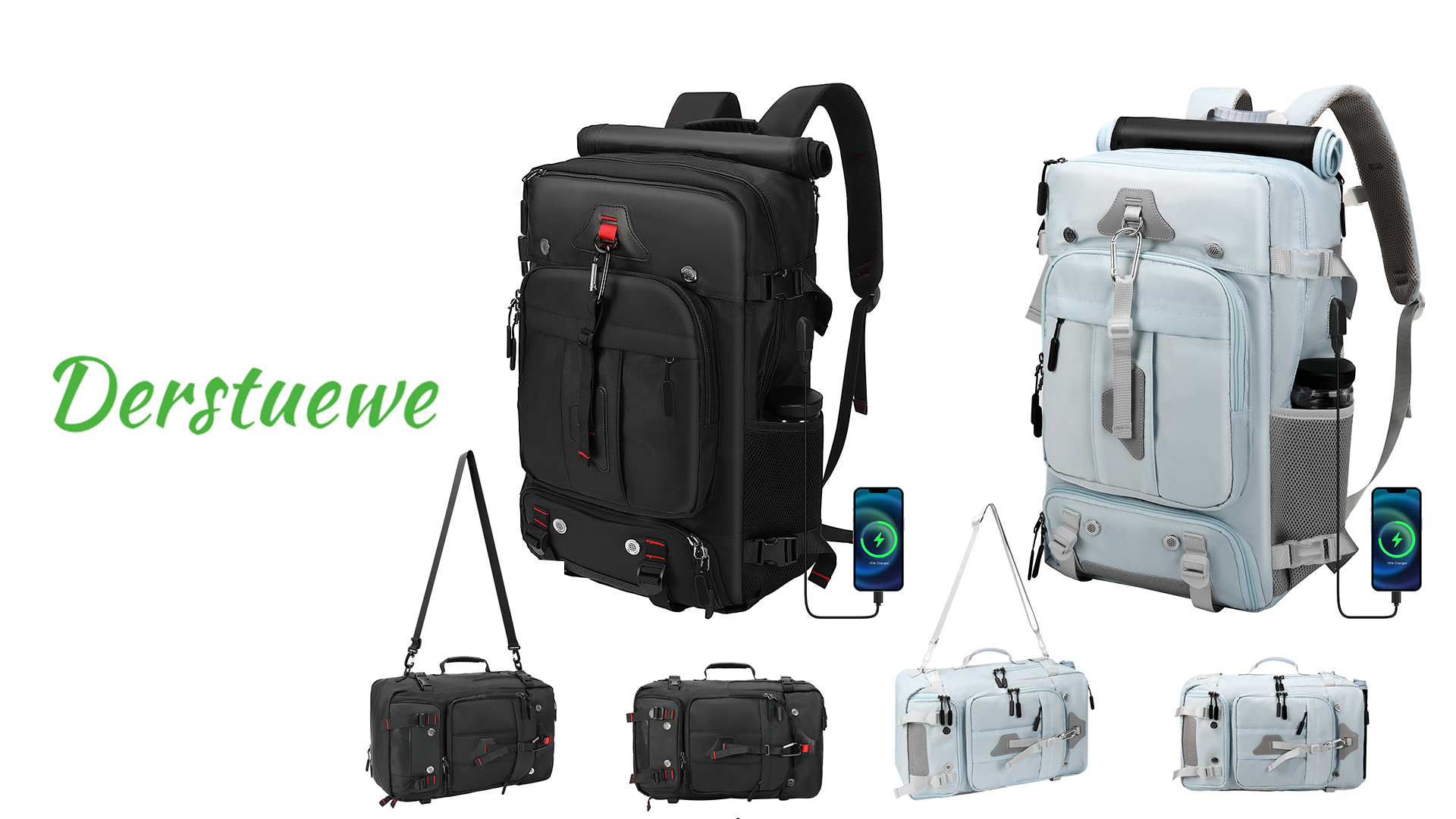 thumbnail video image 2 of DERSTUEWE Convertible Travel Backpack & Duffel Bag - Airline-Approved Carry-On w/ Laptop Sleeve & USB Port, Black, 2 of 8