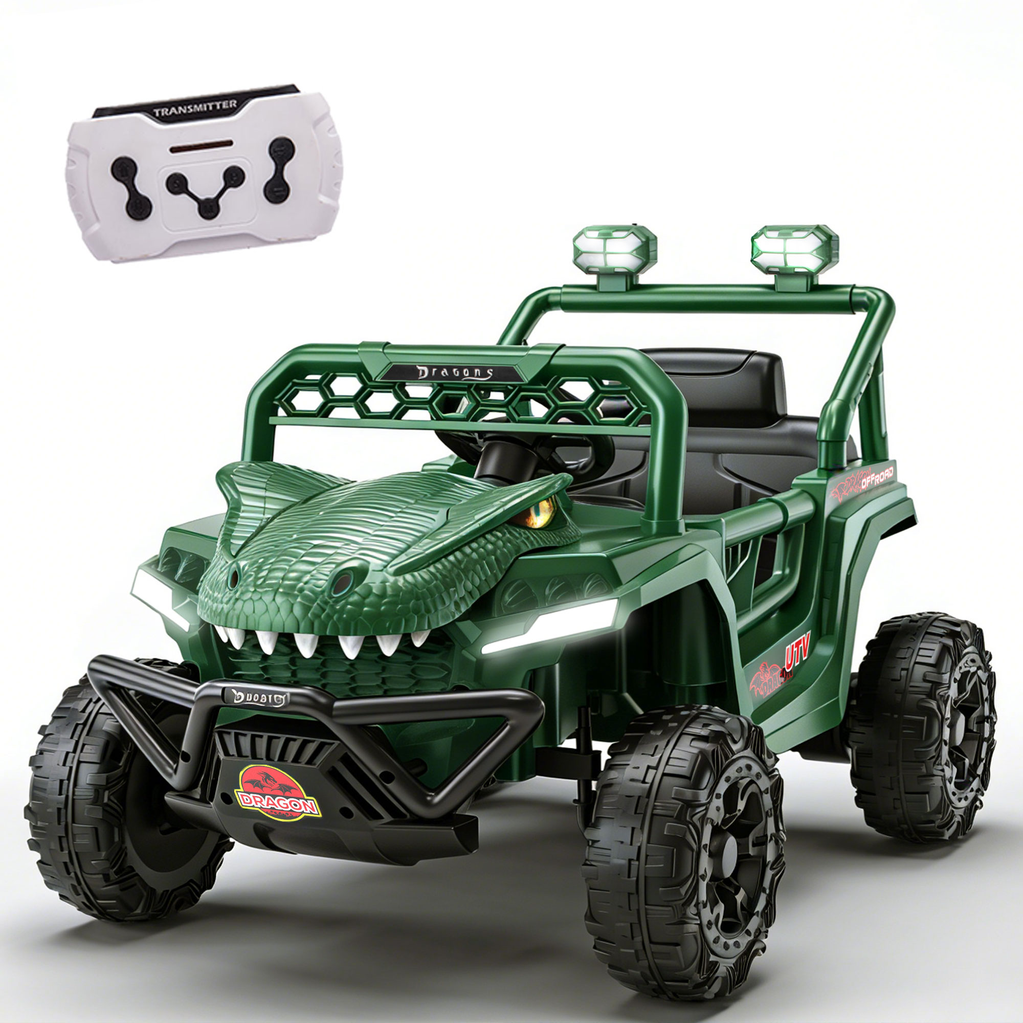 thumbnail video image 2 of 12V Dinosaur Kids Ride On Car, 2 Seater Power Ride On Toy for Kids with Remote Control, Bluetooth, USB, 4 Wheel Suspension, Dinosaur Electric Toy Car for Boys and Girls Ages 2-4, Green, 2 of 8