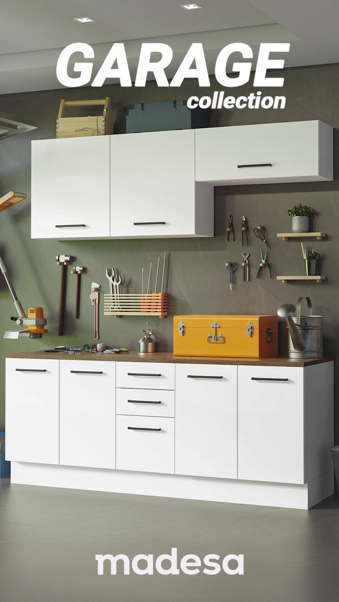 thumbnail video image 2 of Madesa 4-Piece Garage and Utility Room Storage Cabinet Set 78 Inch with 33 Inch Base Cabinet and 31 Inch Slim Wall Cabinet Modular Storage Organization Unit - White, 2 of 9