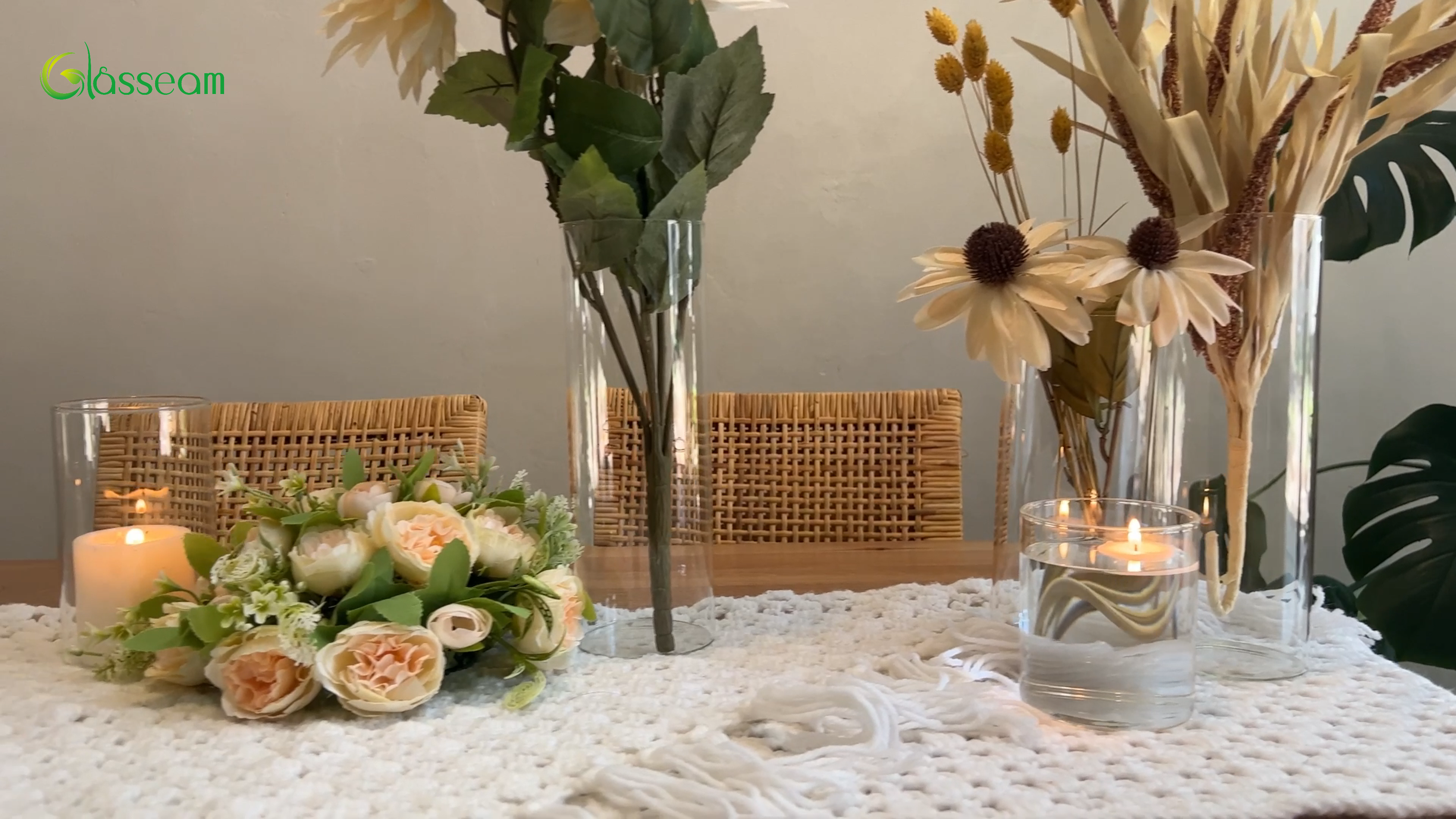 thumbnail video image 2 of Glasseam 3.3x10 inch Glass Cylinder Vases Set of 6 Clear Floating Pillar Candle Vase in Bulk for Centerpieces, 2 of 8