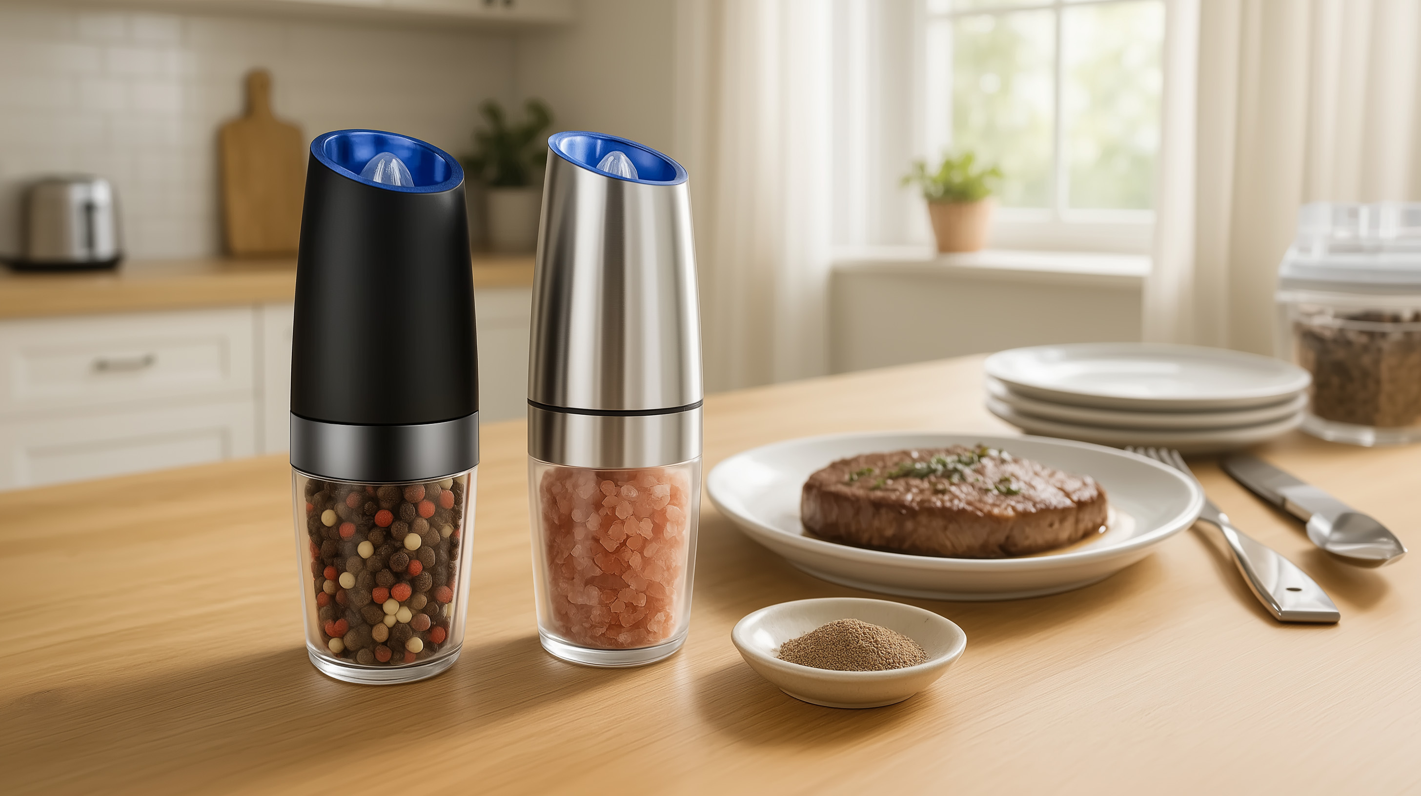thumbnail video image 2 of Cowin 2 Piece Set Electric Salt and Pepper Grinder Set , Adjustable Coarseness Mill Grinders Stainless Steel, 2 of 9