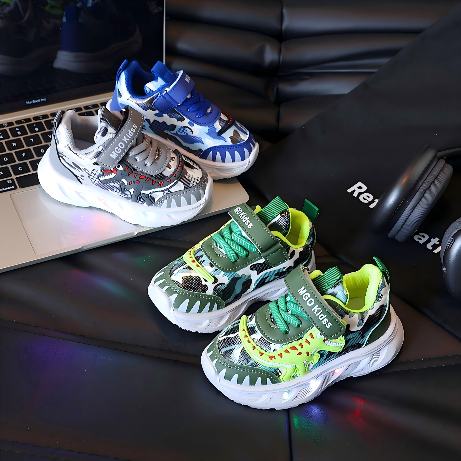 thumbnail video image 2 of Toddler Boys Tyrannosaurus Rex Light Up Shoes, Sporty LED Sneakers with Soft Sole for All Season Daily Wear, 2 of 10