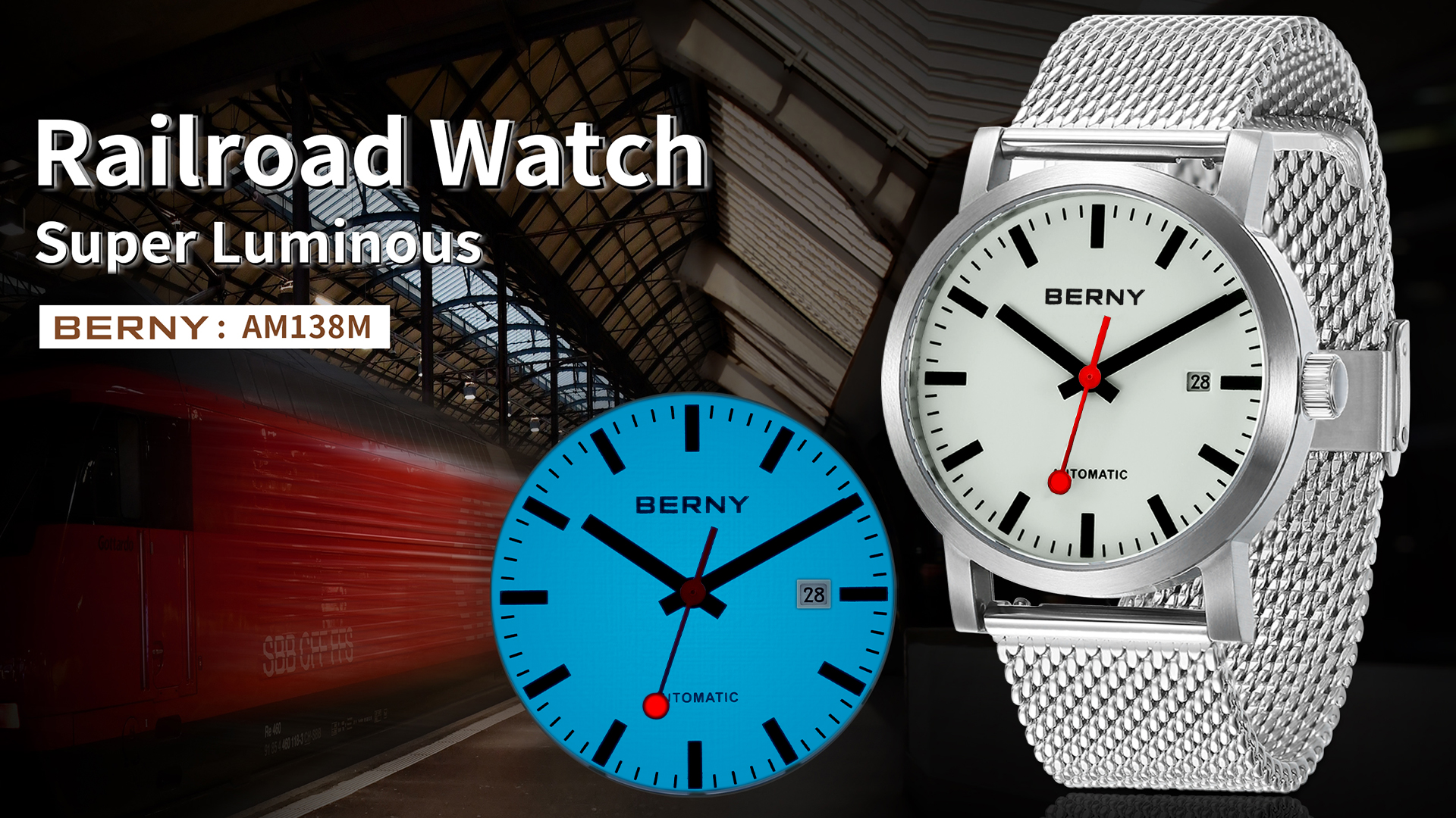 thumbnail video image 2 of BERNY Automatic Watches for Men, Luxury Self Winding Mechanical Dress Watch with Date, Sapphire Crystal, Luminous, Stainless Steel, 50M Waterproof, Minimalist Mens Watches (White), 2 of 11