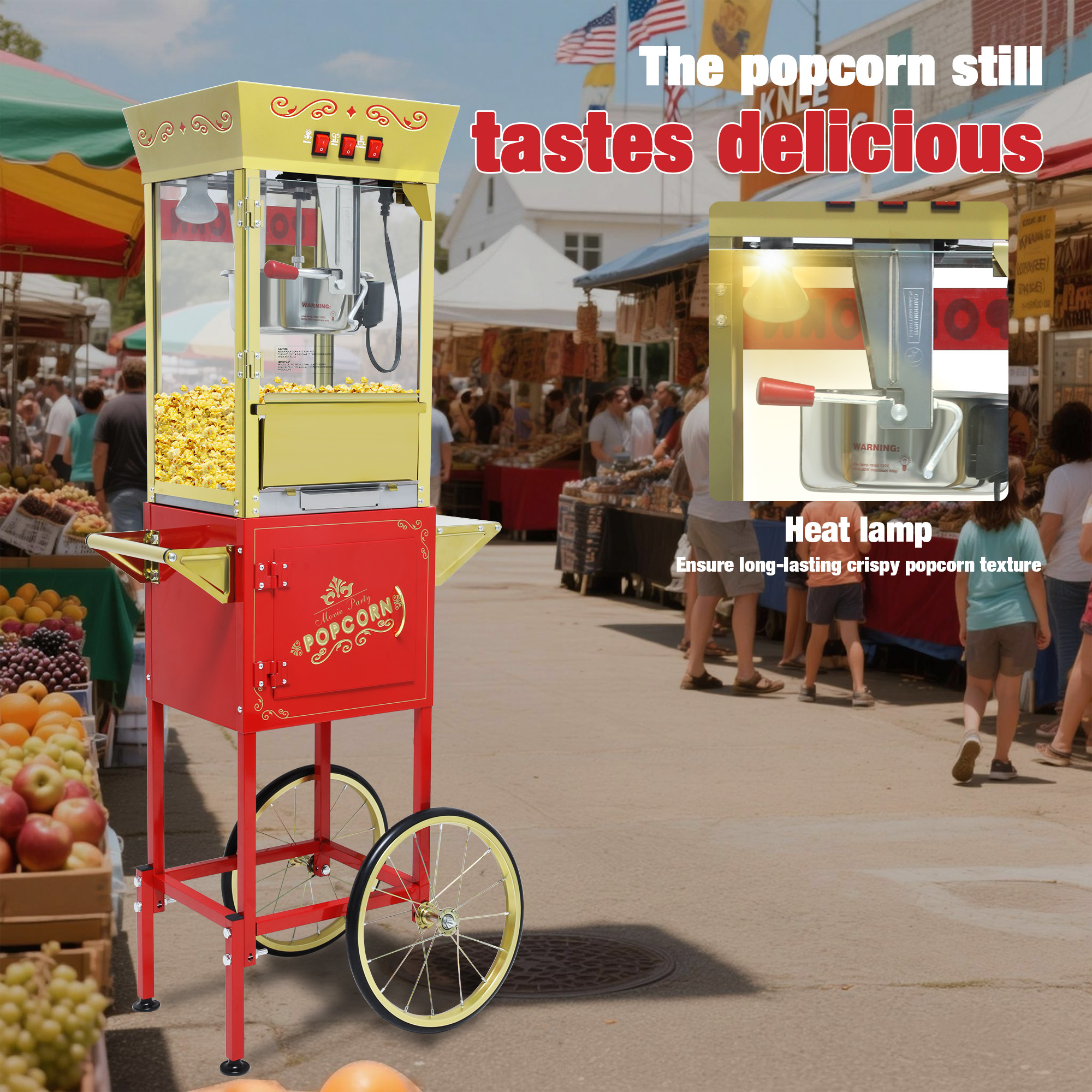 thumbnail video image 2 of Commercial Popcorn Machine with Cart - 12oz Vintage Style Popper, 850W, Tempered Glass & Warming Deck, Wheels for Home Theater, Parties, Events, Red, 2 of 7