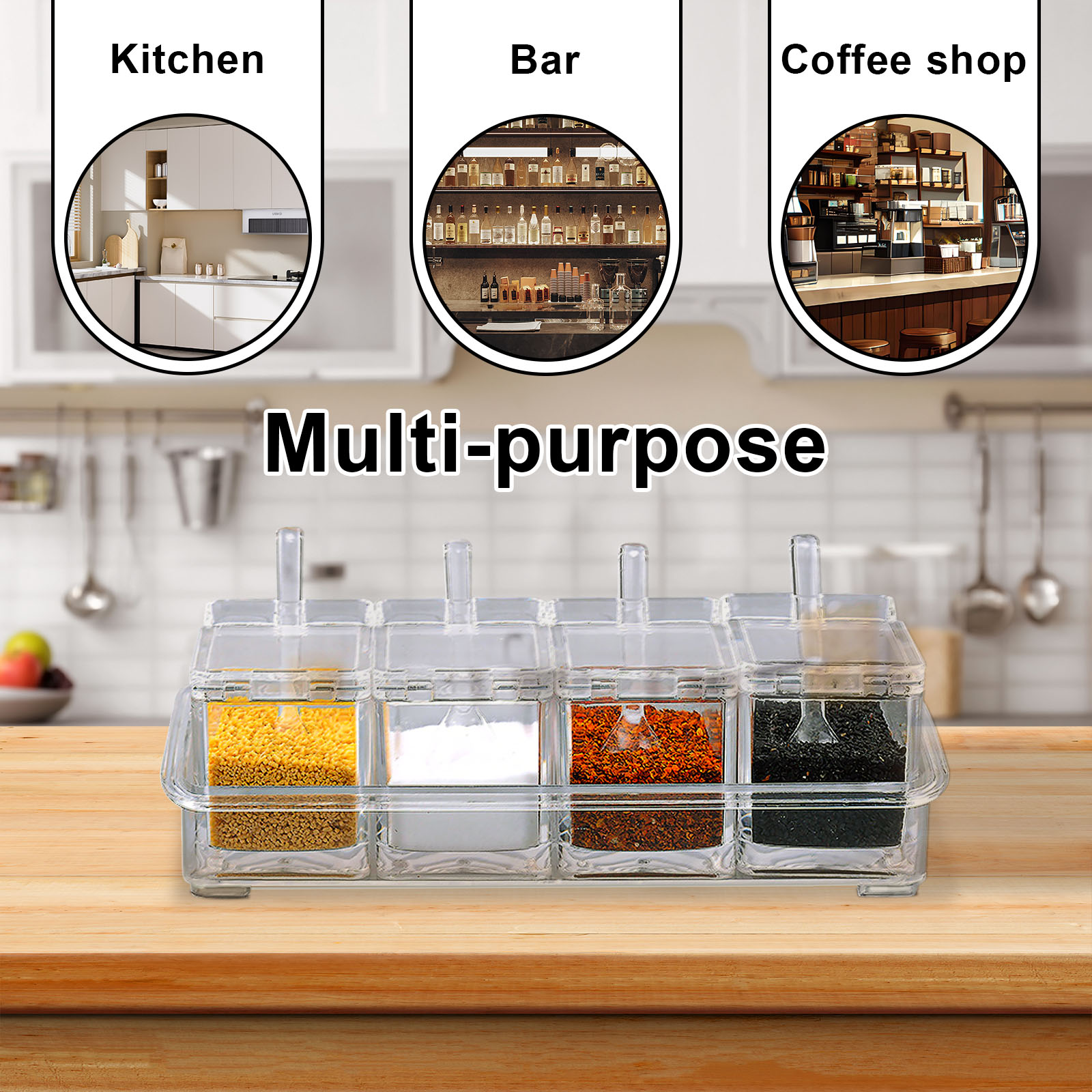 thumbnail video image 2 of 2 PCS Clear Seasoning Containers 4 Compartments Seasoning Box Spice Rack with Covers and Spoons for Spice Seasoning Organizer, 2 of 11