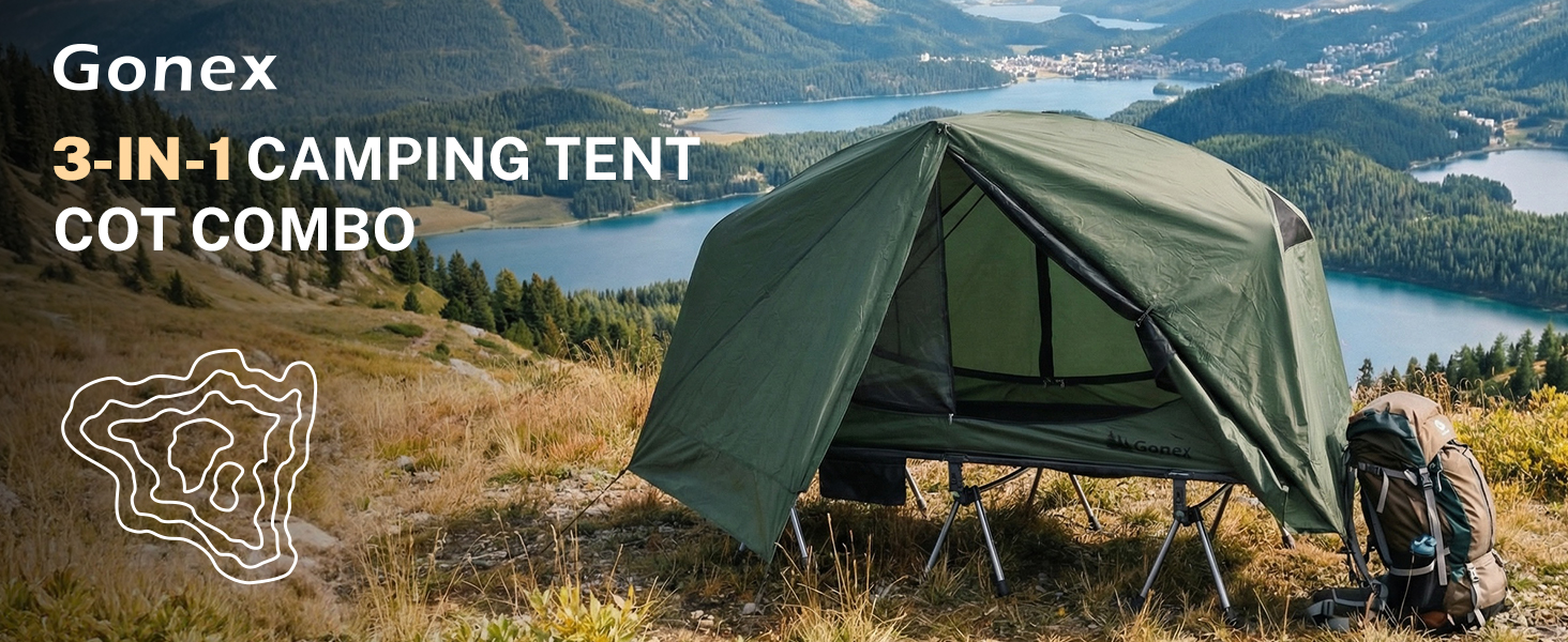 thumbnail video image 2 of Gonex 1-Person Camping Tent with Cot, 350lbs 31.5" Wide Cots & Waterproof Tents Combo, Khaki, 2 of 13