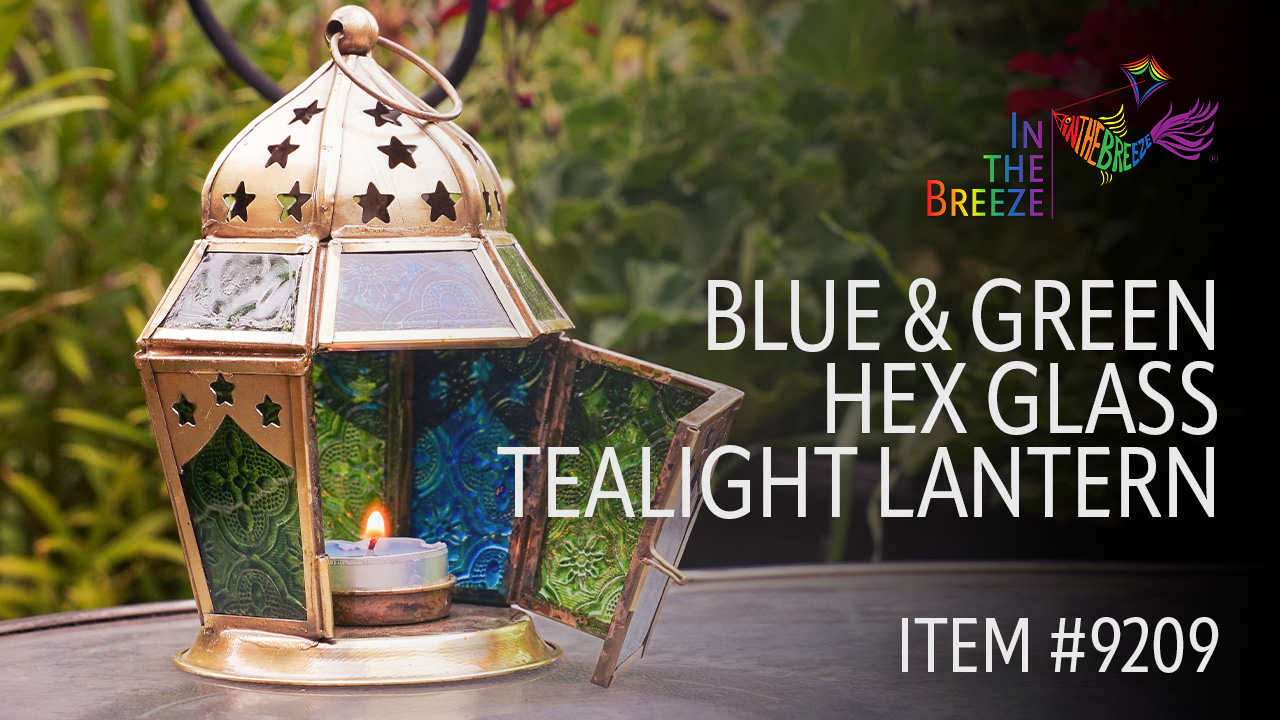 thumbnail video image 2 of In the Breeze 9209 — Blue & Green Hex Tealight Lantern — Moroccan-Style Boho Chic Tealight Glass and Metal Tabletop Lantern, 2 of 6