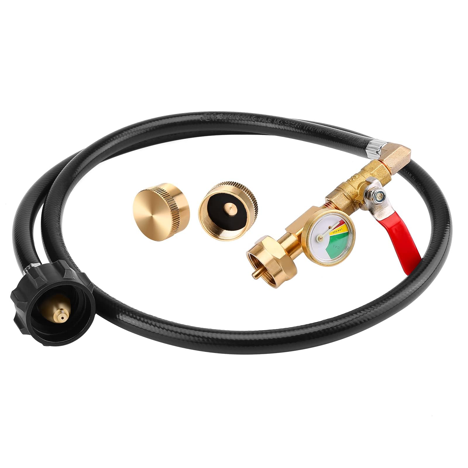thumbnail video image 2 of Propane Refill Adapter Hose with Gauge, 4FT/48'' Propane Tank Refill Adapter Extension Hose for 1LB Propane Gas Tanks with ON/Off Control Valve, 2X 1lb Propane Bottle Caps Included, 2 of 10