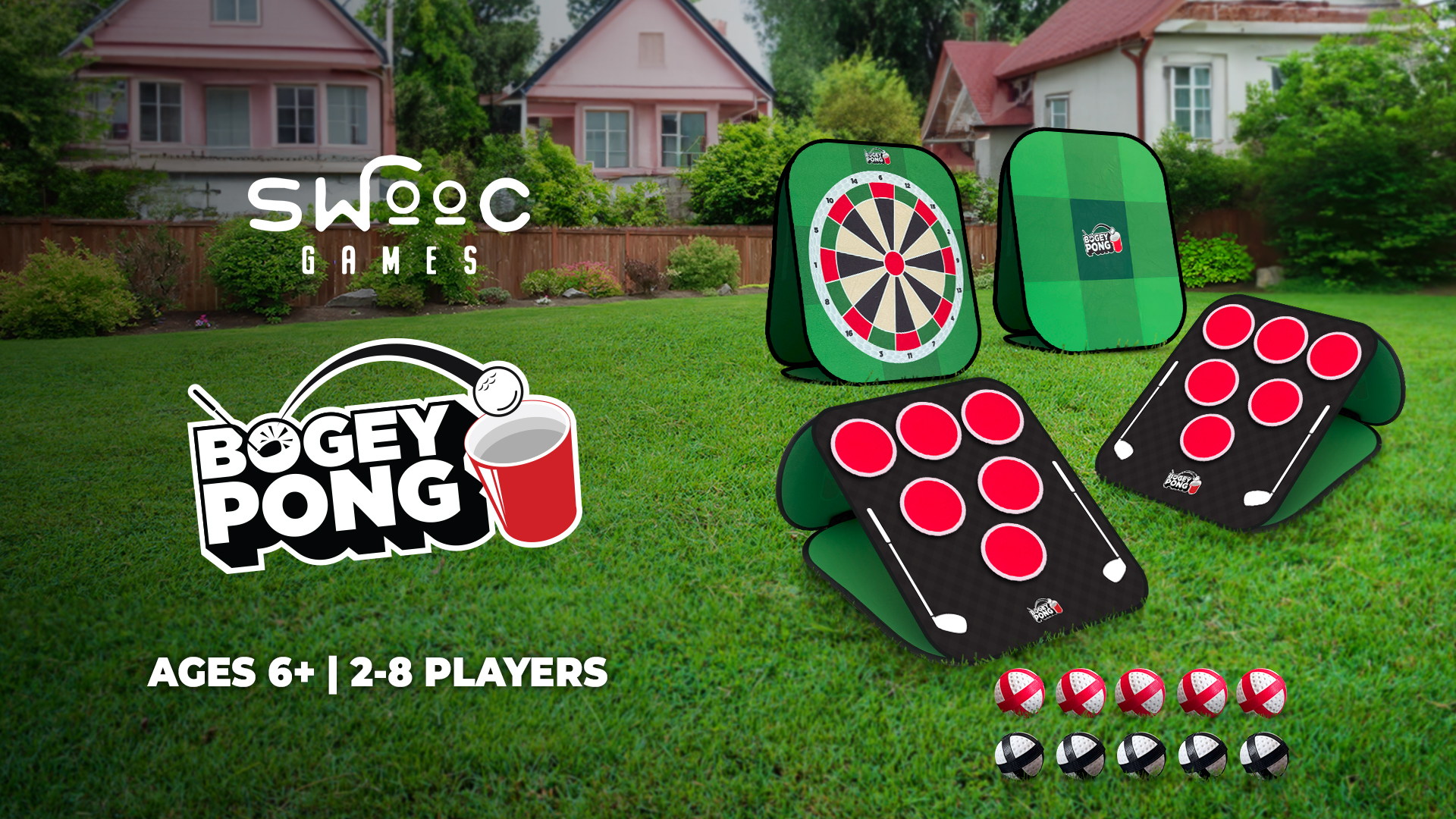 thumbnail video image 2 of Bogey Pong™ | 3-in-1 Backyard Pong Golf Game Set with Darts & Tic Tac Toe, 2 of 7