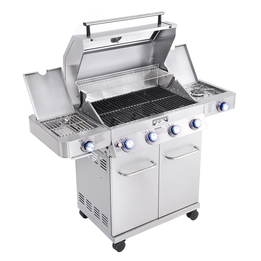thumbnail video image 2 of Monument Grills 4-Burner Propane Gas Grill with Clear View Lid, LED Controls, Side Burners, and Sear Zone, 2 of 22