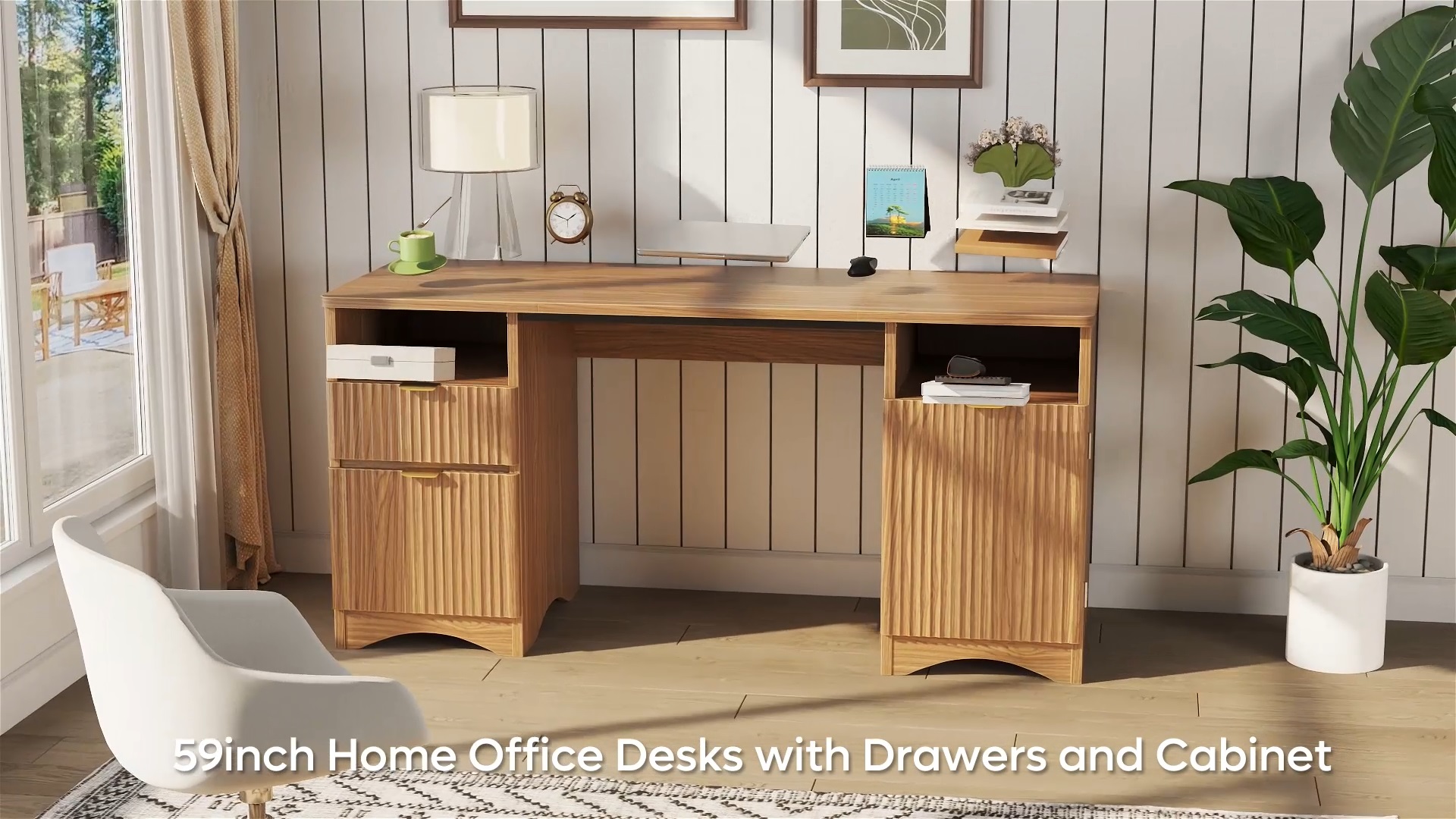 thumbnail video image 2 of Bestier 59" Modern Executive Desk with Storage, Wood Home Office Desk with 2 Drawers & 3 Cabinet, Fluted Computer Writing Desk for Study, Living Room, Bedroom, Oak, 2 of 10