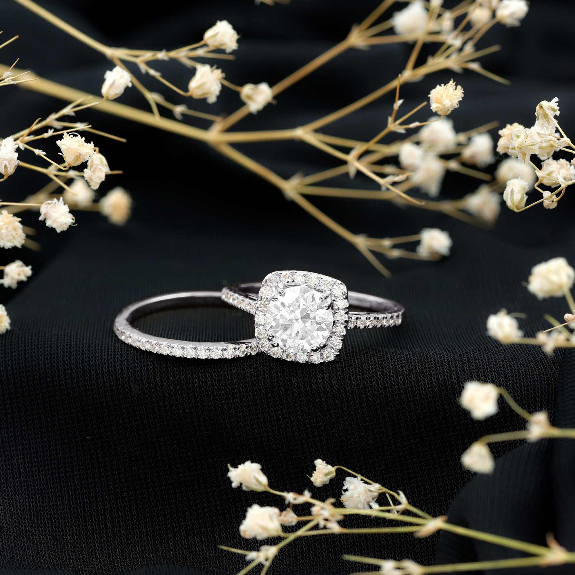 thumbnail video image 2 of Rosec Jewels Lab Grown Diamond Wedding Ring Set - Halo Engagement Ring with Band (EF-VS Grade), 14K Yellow Gold, US 6.50, 2 of 8