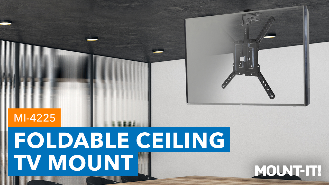 thumbnail video image 2 of Mount-It! Flip-down Ceiling TV Mount, for Home, Office and Commercial Purposes, White, 23" to 55" Screens, Capacity 44 lbs., 2 of 12