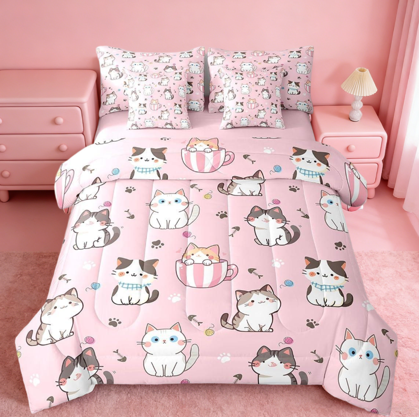 thumbnail video image 2 of Manfei Kawaii Cat 7-Piece Bedding Comforter Set For Boys Girls,Cats Print Kawaii Cartoon King Bedding Sets Cute Kitten Pink Animal Themed Reversible, 2 of 8