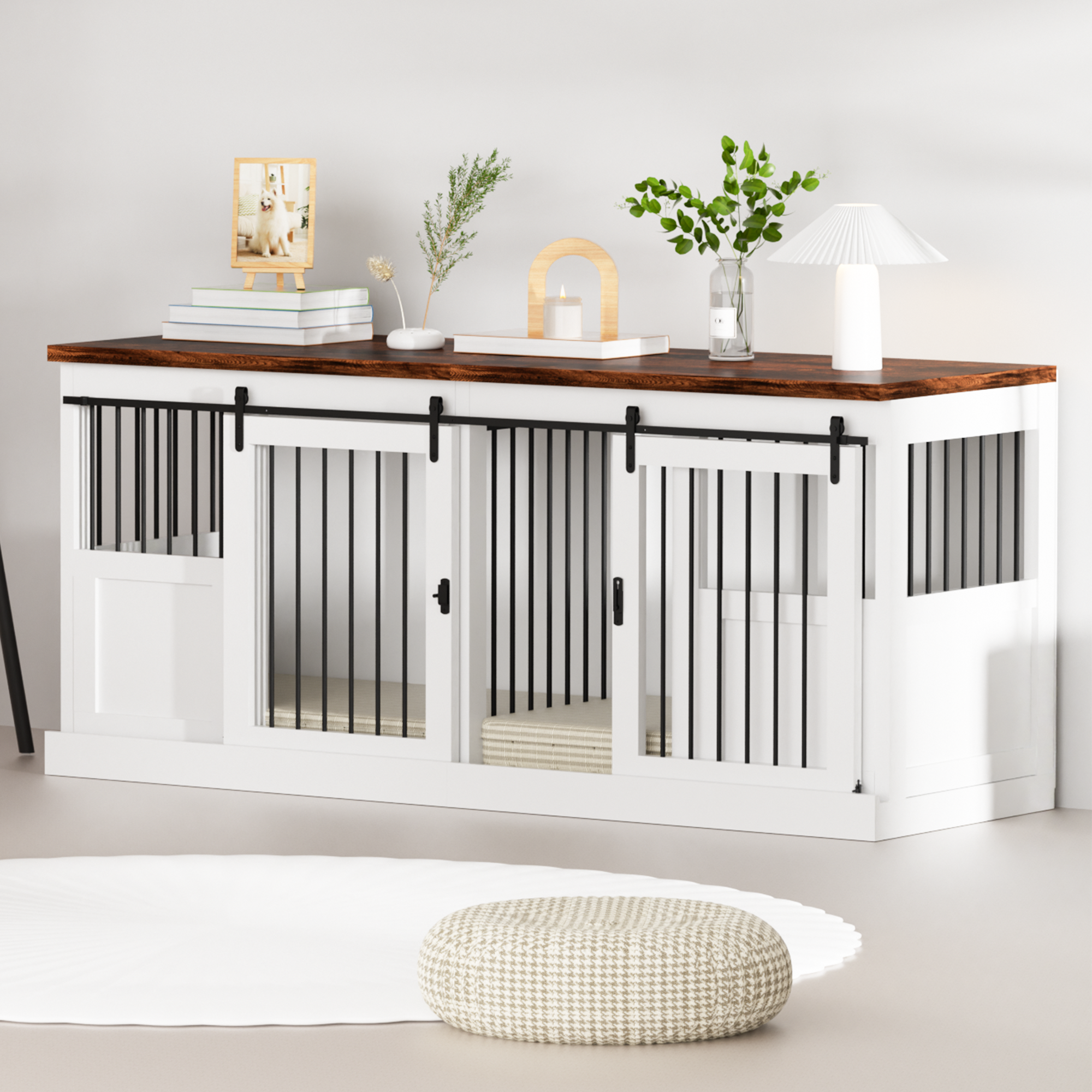 thumbnail video image 2 of 70.9'' Wooden Large Dog Crate,  Double Dog Indoor Crate Kennel Furniture with Divider, White, 2 of 10