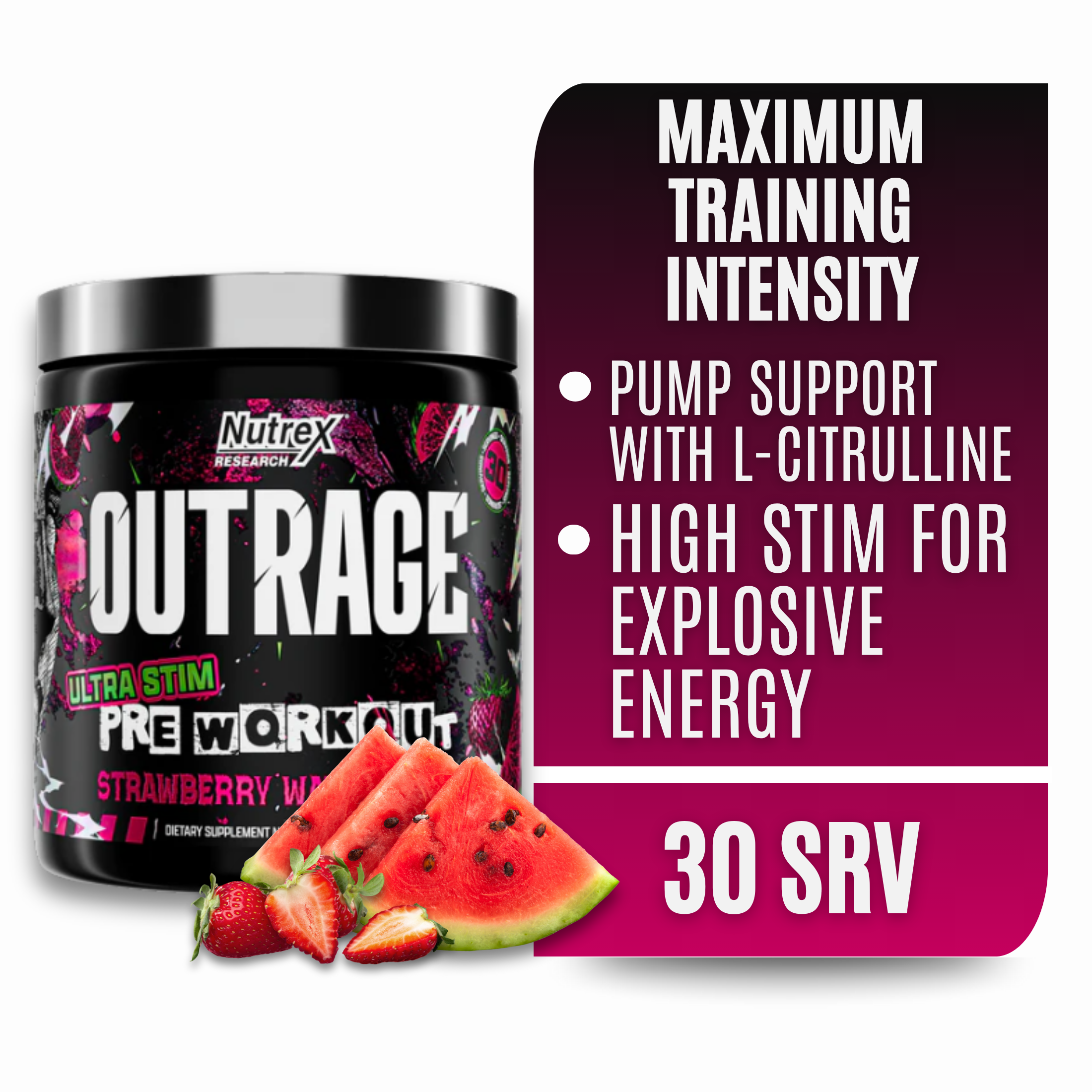 thumbnail video image 2 of Nutrex Research OUTRAGE Strawberry Watermelon High Intensity Pre Workout Powder 30 Servings, 2 of 13
