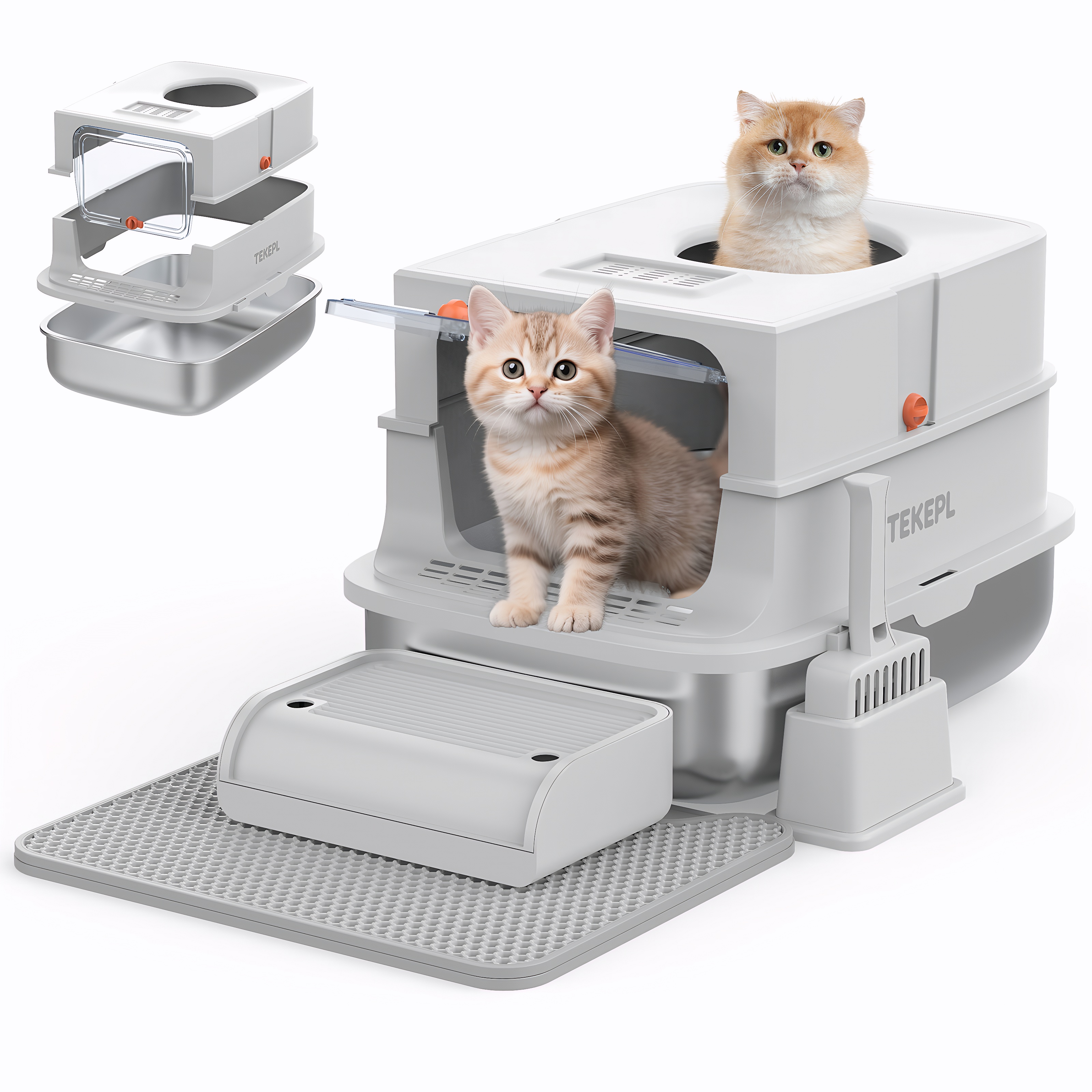 thumbnail video image 2 of XXXL Stainless Steel Litter Box with Lid, 24" Lx17 Dx16 H,Enclosed Jumbo Metal Litter Box for Big/Multiple Cats, High Sided, Removable Cover & Footboard, Carbon Filter, Odor-Free, Easy Clean - Grey, 2 of 11