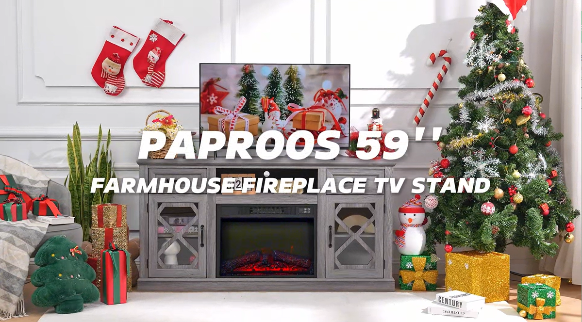 thumbnail video image 2 of PAPROOS Fireplace TV Stand for 65 Inch TV, Modern Farmhouse TV Cabinet with 23'' Electric Fireplace, Entertainment Center Television Console Table for Living Room, Gray, 2 of 10