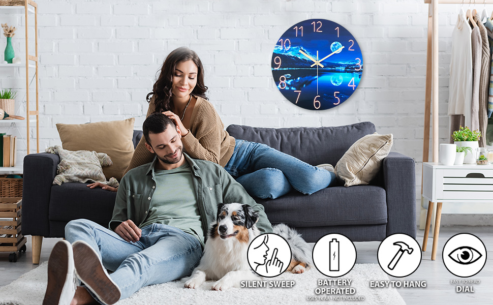 thumbnail video image 2 of Blue Wall Clock for Living Room 16 Inch Analog Wall Clocks Battery Operated Modern Moon Clock for Kitchen, 2 of 7